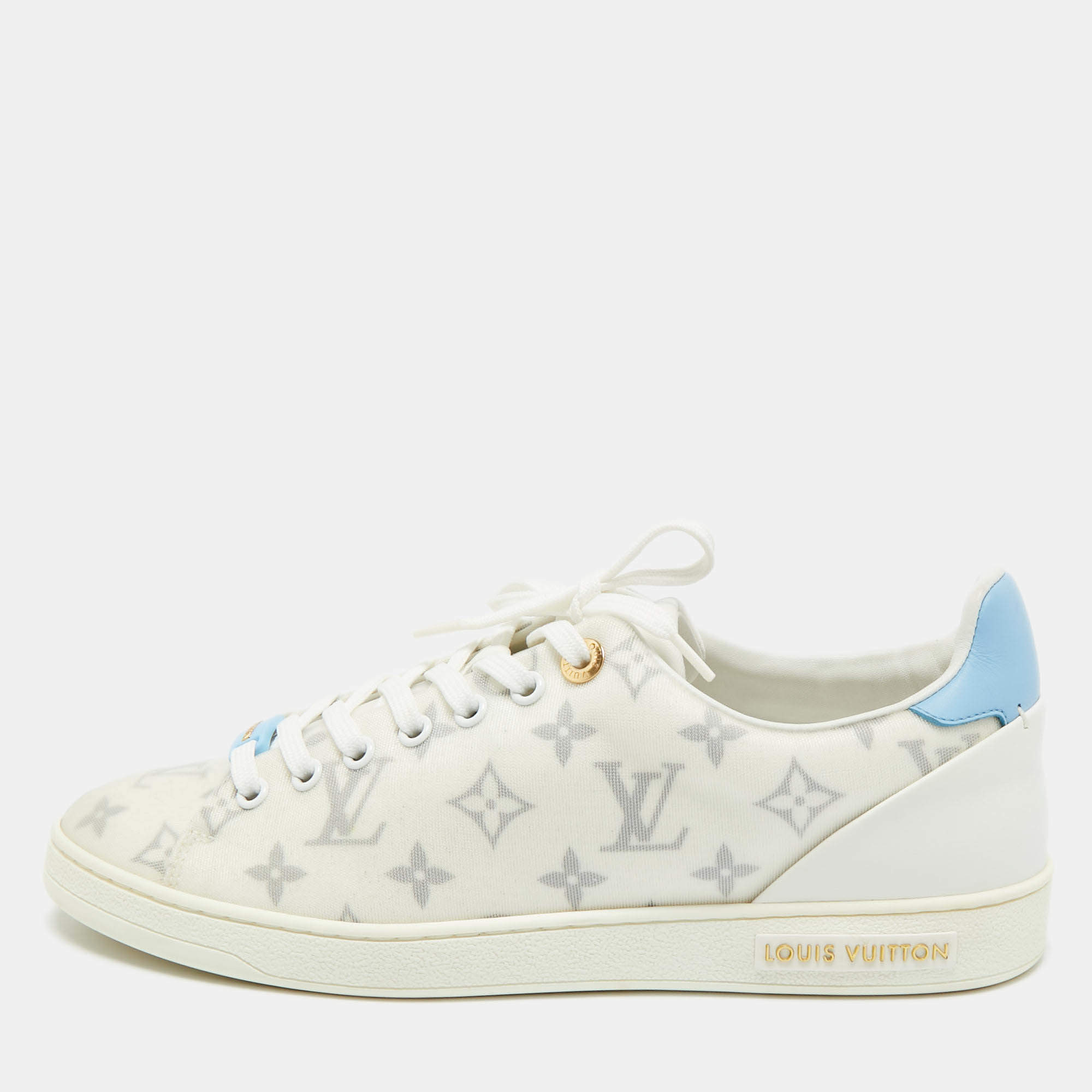 Pre Owned Louis Vuitton Blue/White Leather and Mesh Frontrow Lace  Up Sneakers Size 41