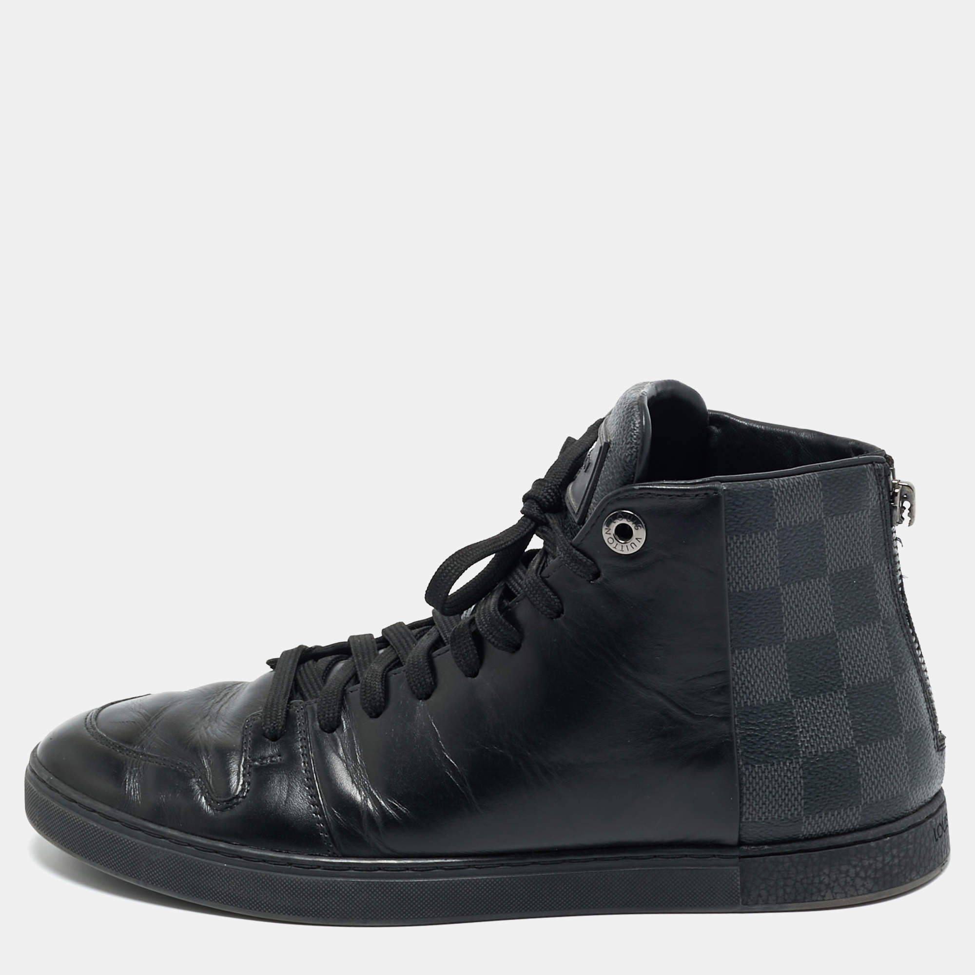 Pre Owned Louis Vuitton Black Leather and Damier Canvas High Top Sneakers Size 39