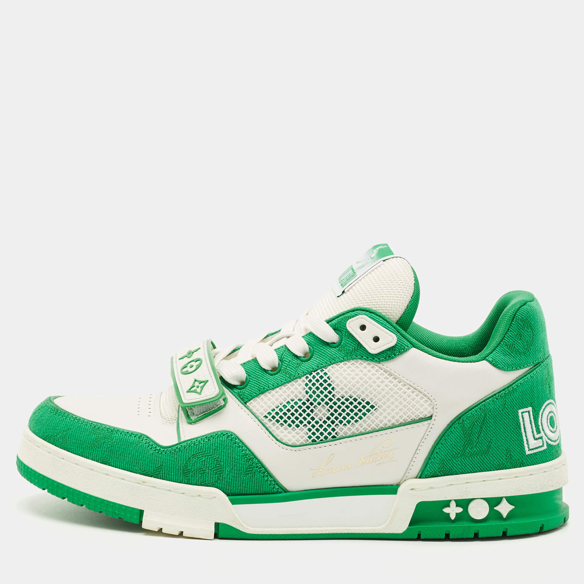 Pre Owned Louis Vuitton Green/White Monogram Denim and Leather LV Trainer Sneakers Size 42