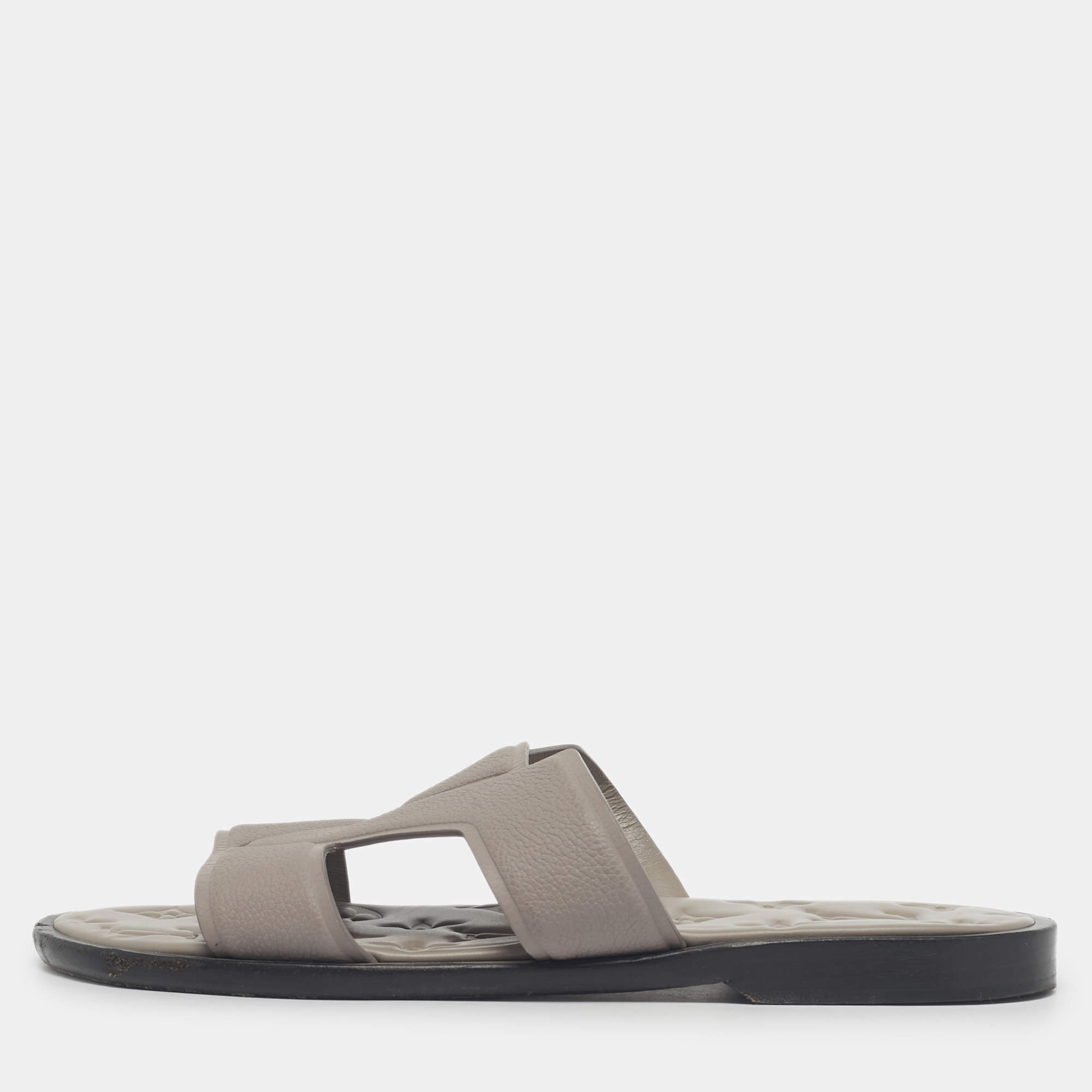 Pre Owned Louis Vuitton Grey Leather LV Oasis Slide Sandals Size 40