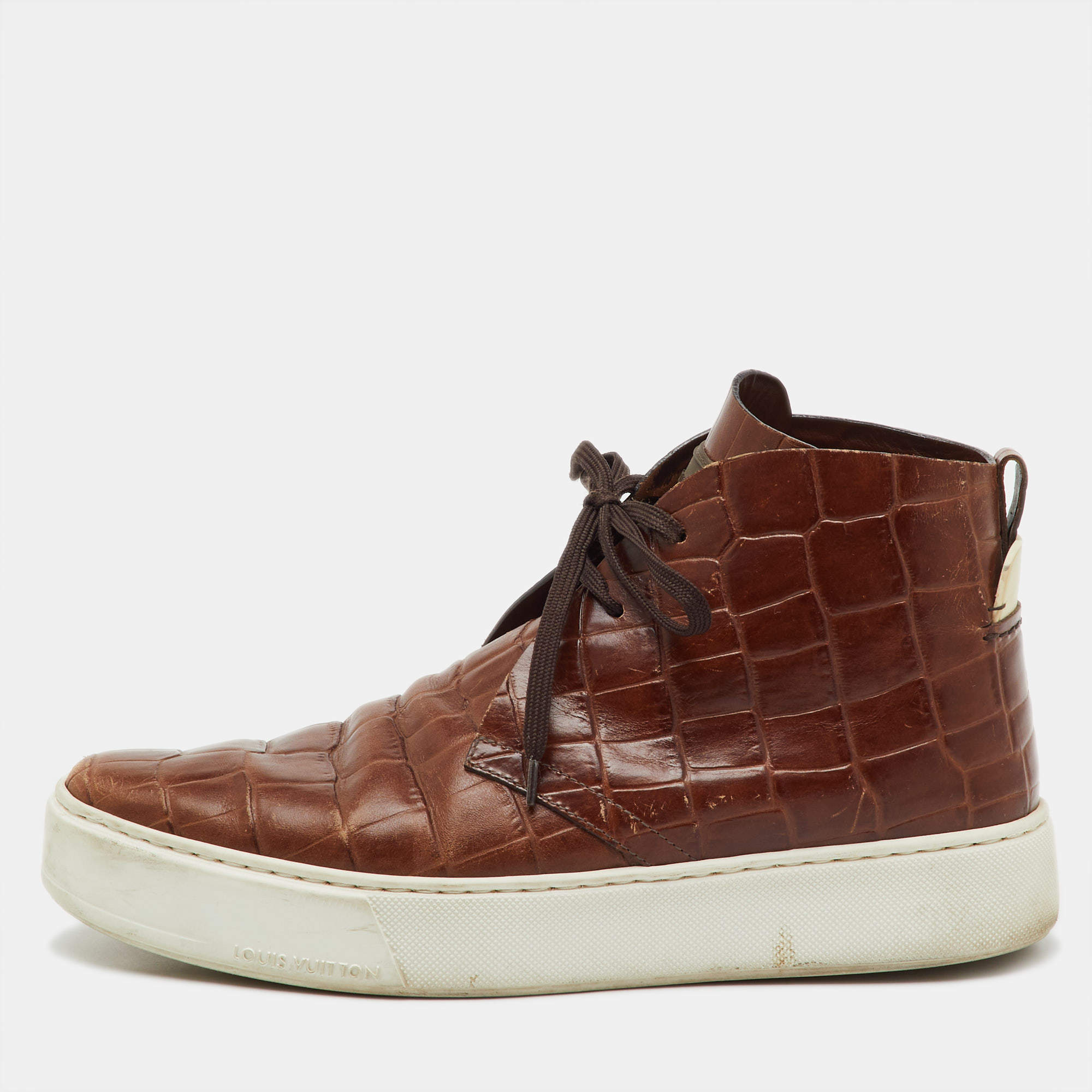 Pre Owned Louis Vuitton Brown Croc Embossed Leather Front Row High Top Sneakers Size 41