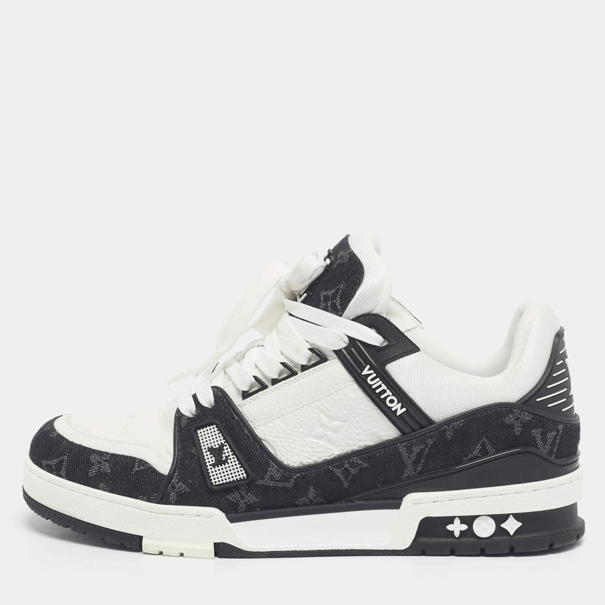 Pre Owned Louis Vuitton White/Black Denim and Leather LV Trainer Maxi Lace Up Sneakers Size 42.5