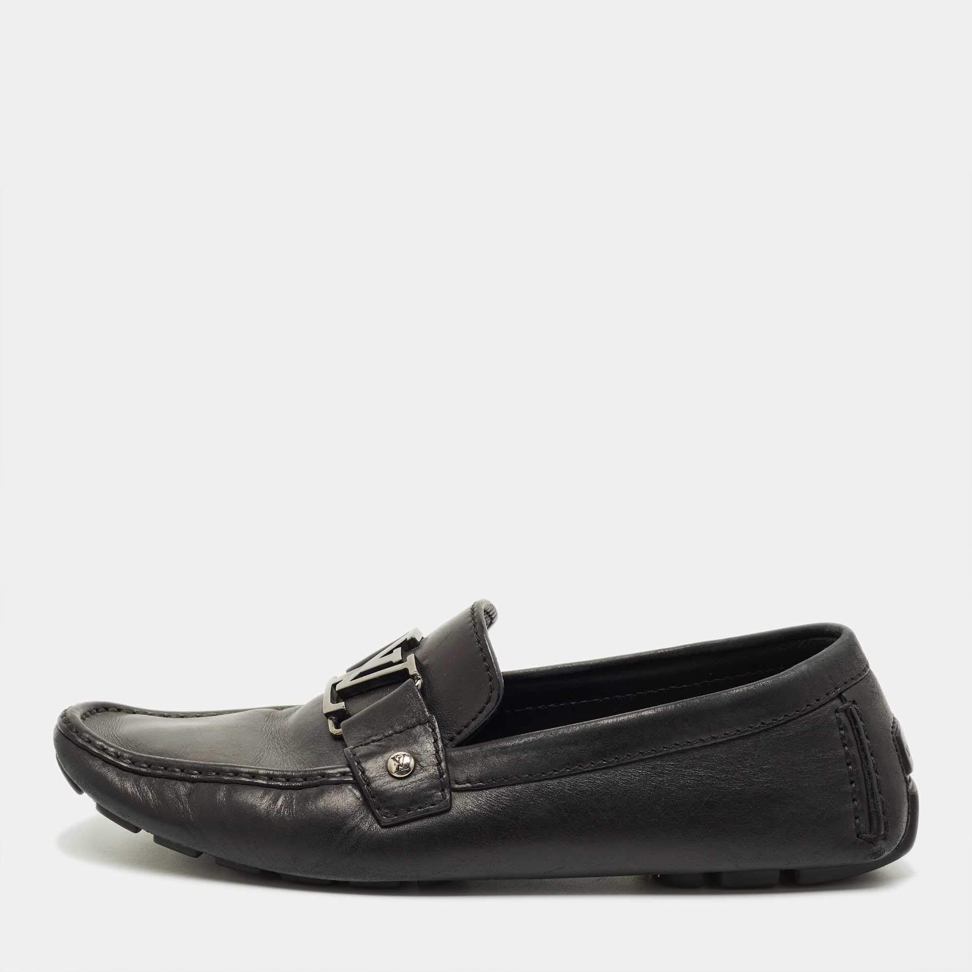 Pre Owned Louis Vuitton Black Leather Monte Carlo Slip On Loafers Size 42