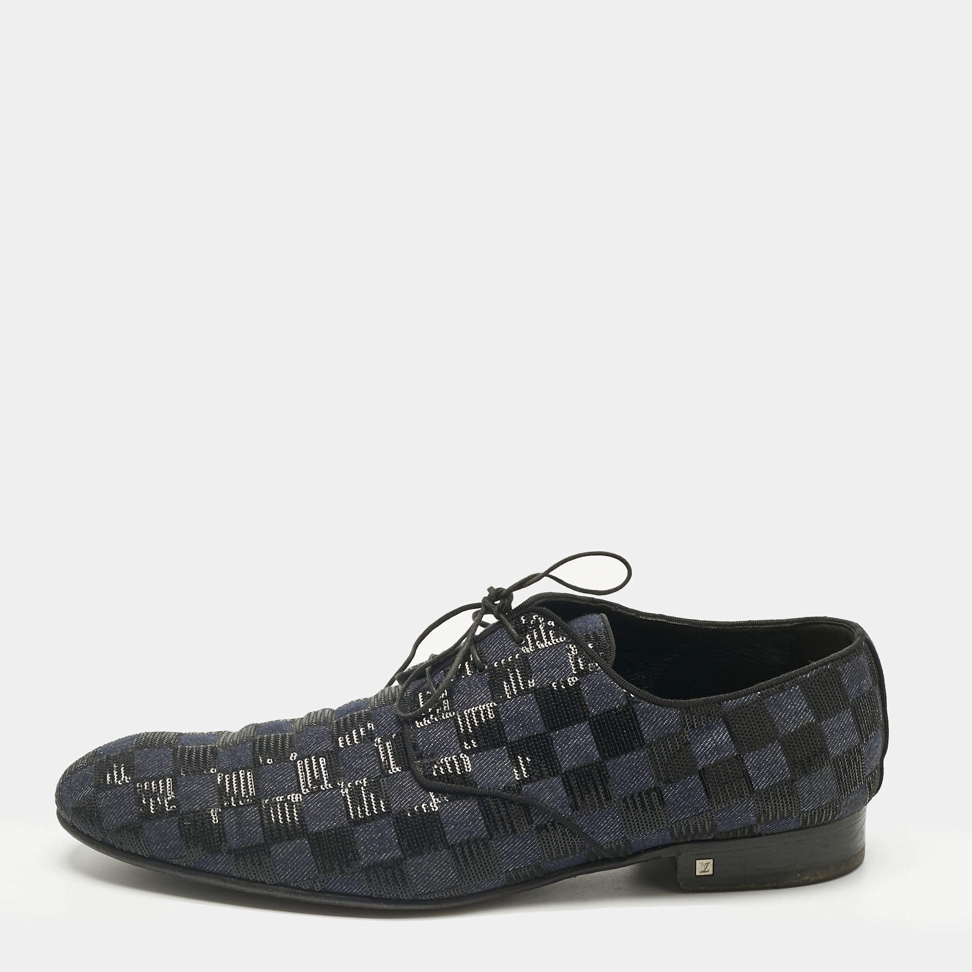 Pre Owned Louis Vuitton Blue/Black Denim and Sequins Damier Lace Up Derby Size 45