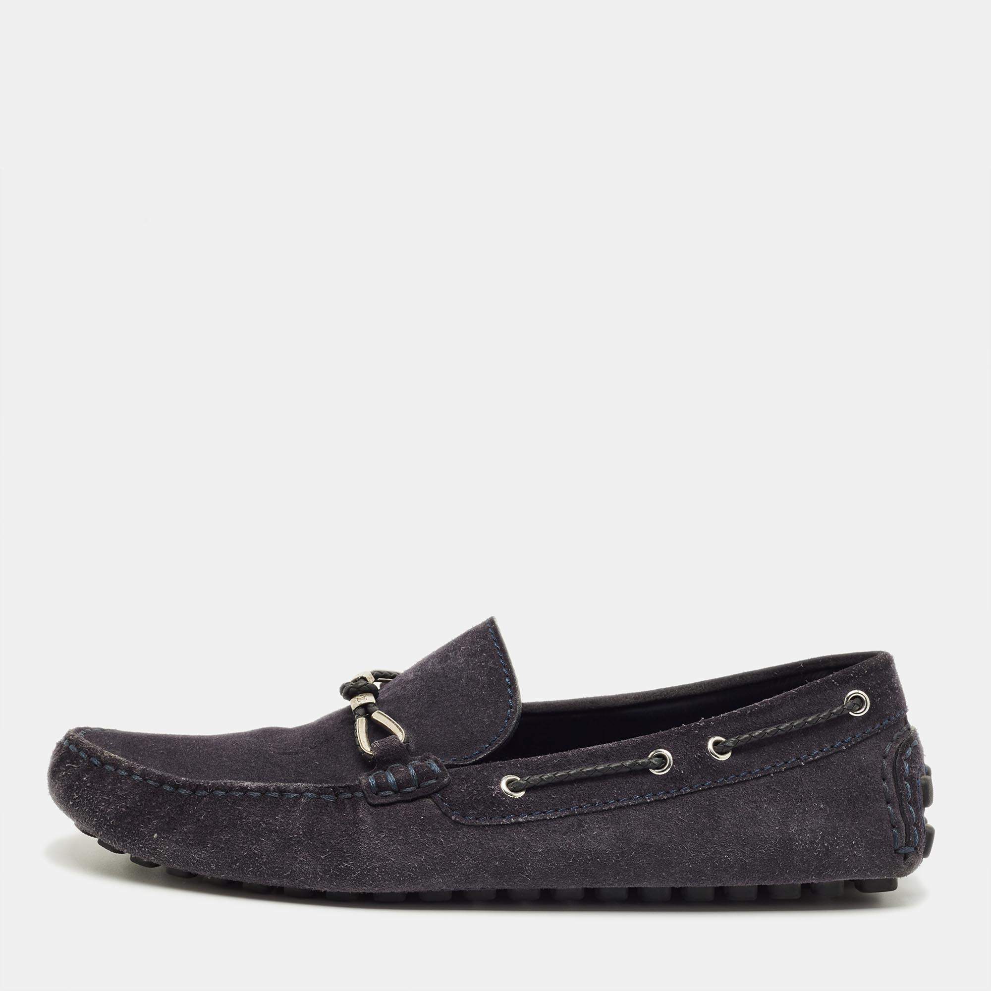 Pre Owned Louis Vuitton Navy Blue Suede Bow Slip On Loafers Size 42