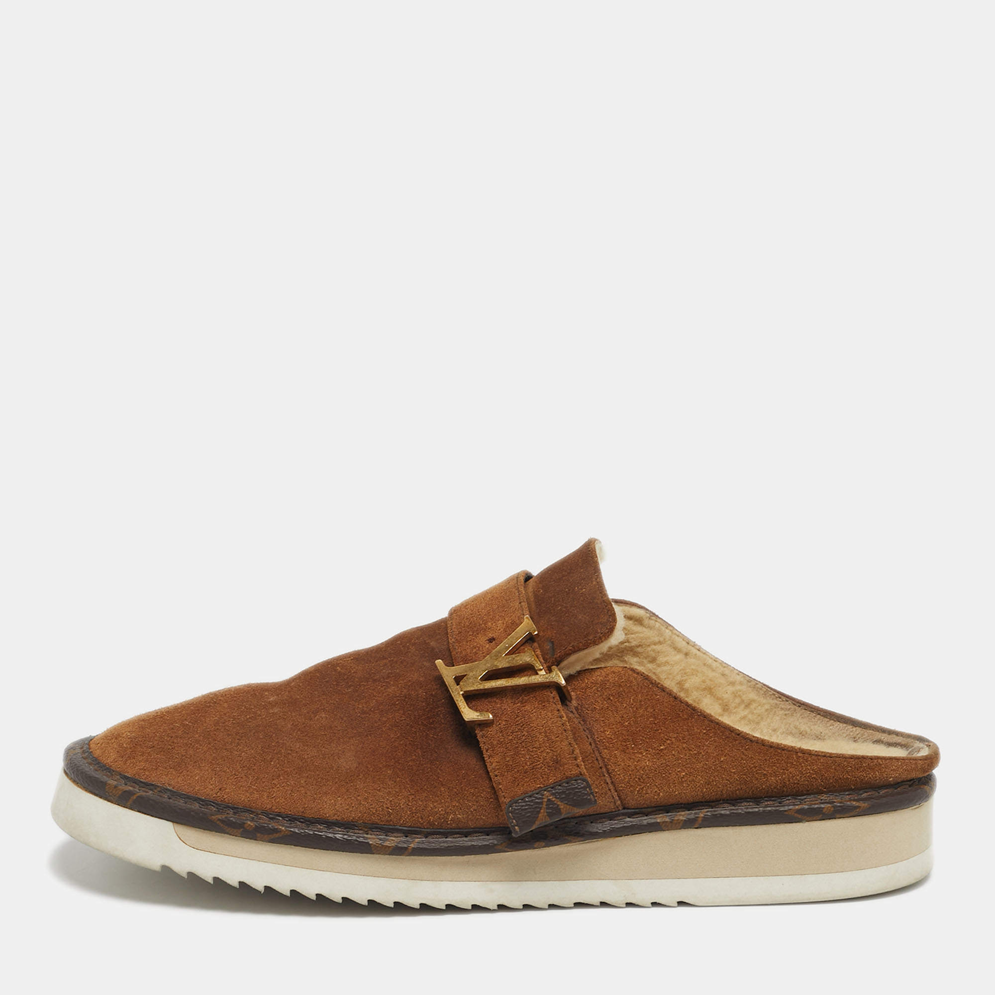 Pre Owned Louis Vuitton Brown Suede Shearling Fur Easy Mules Size 42