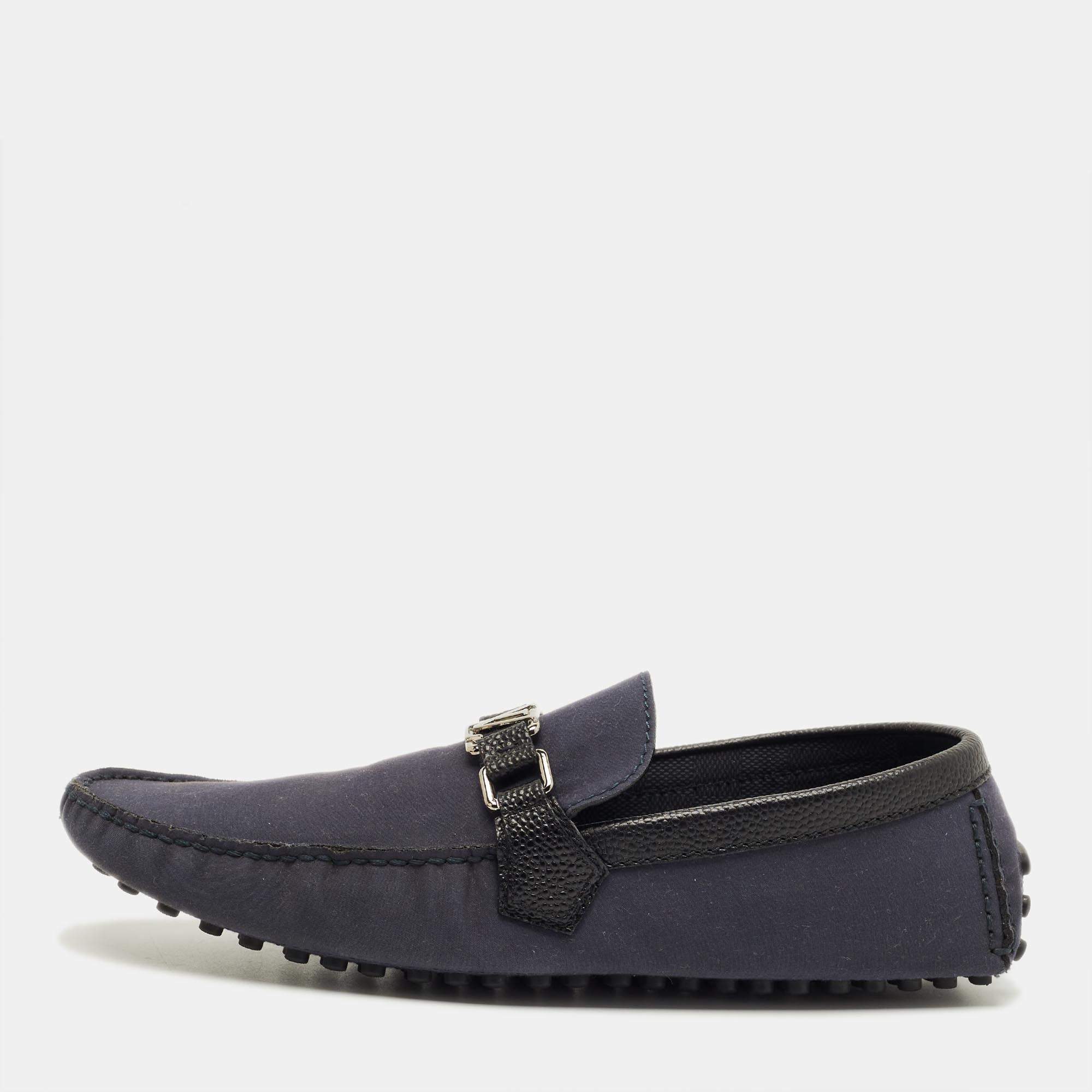 Pre Owned Louis Vuitton Navy Blue Fabric and Leather Hockenheim Loafers Size 44