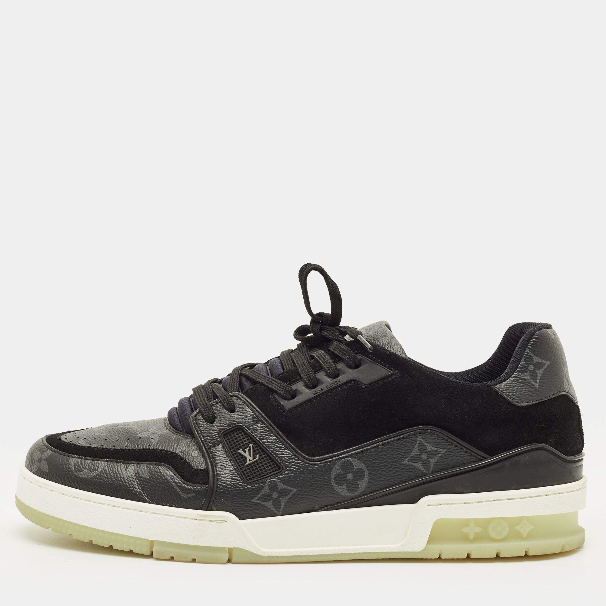 Pre Owned Louis Vuitton LV Trainer Size 43.5 Black Monogram Canvas and Suede Lace Up Sneakers