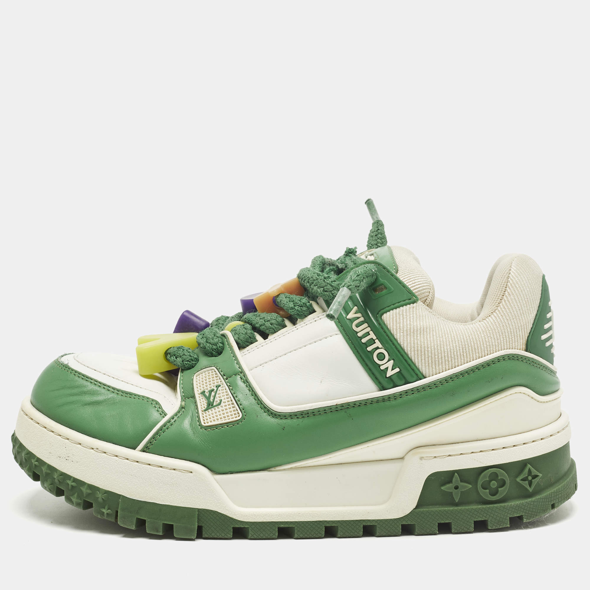 مملوكة مسبقًا Louis Vuitton LV Trainer Maxi Size 40 Green/White Fabric and Leather Lace Up Sneakers