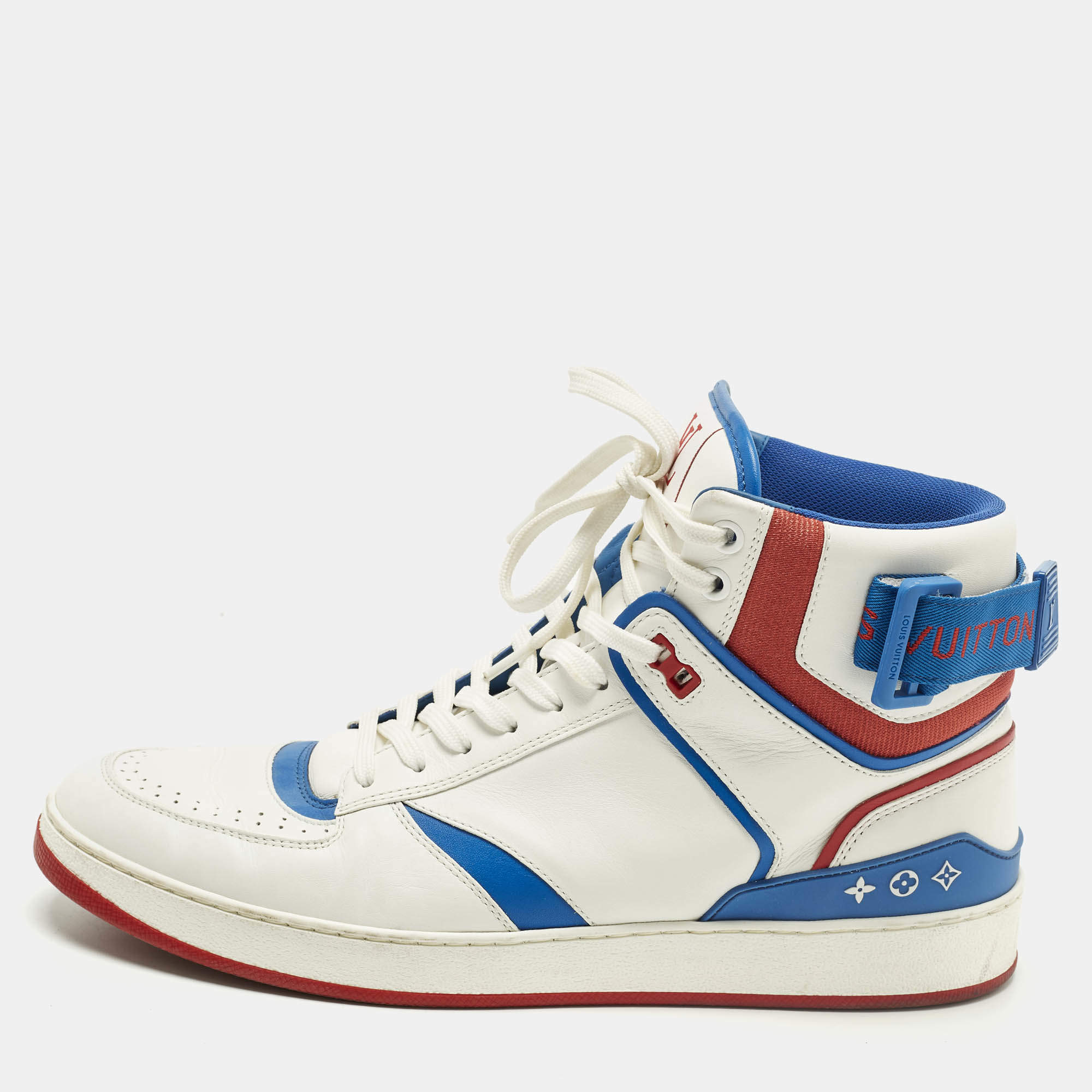 Pre Owned Louis Vuitton Rivoli Size 42 White/Blue Leather High Top Sneakers