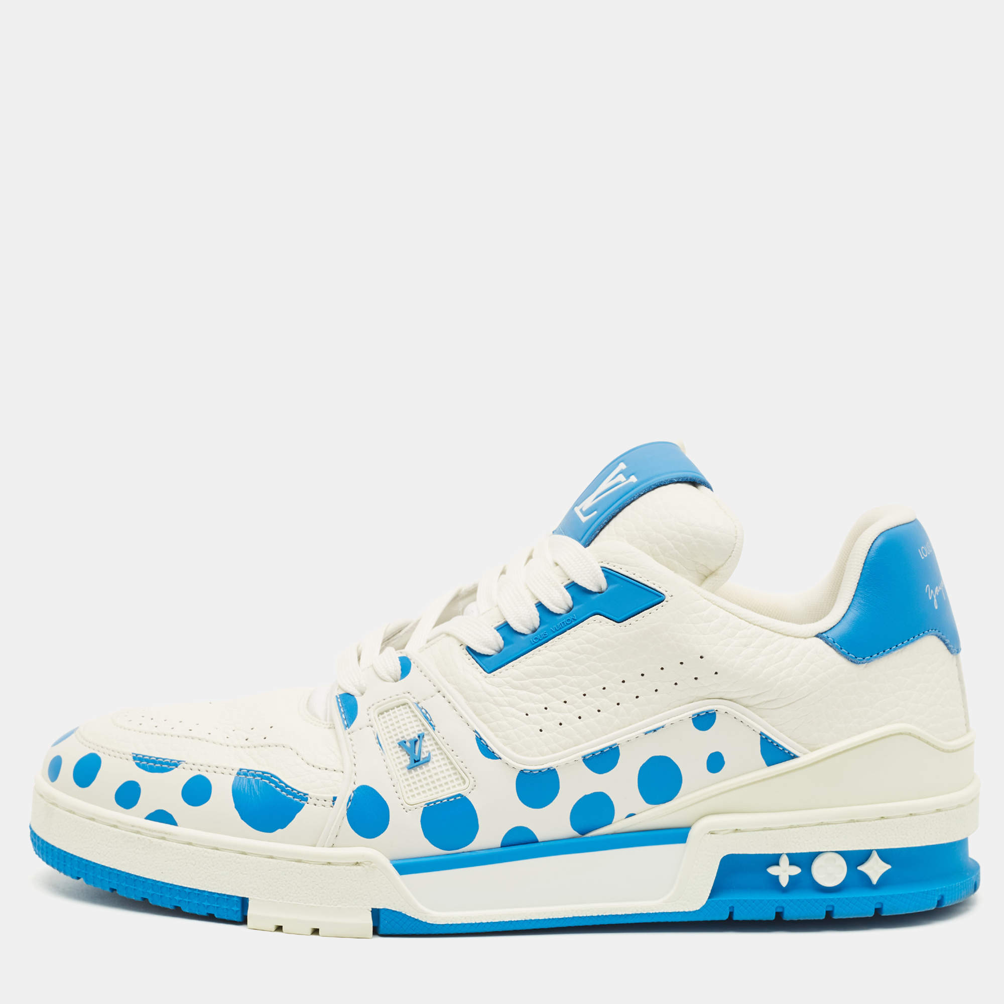 Pre Owned Louis Vuitton LV Trainer Size 43 White/Blue Leather Lace Up Sneakers