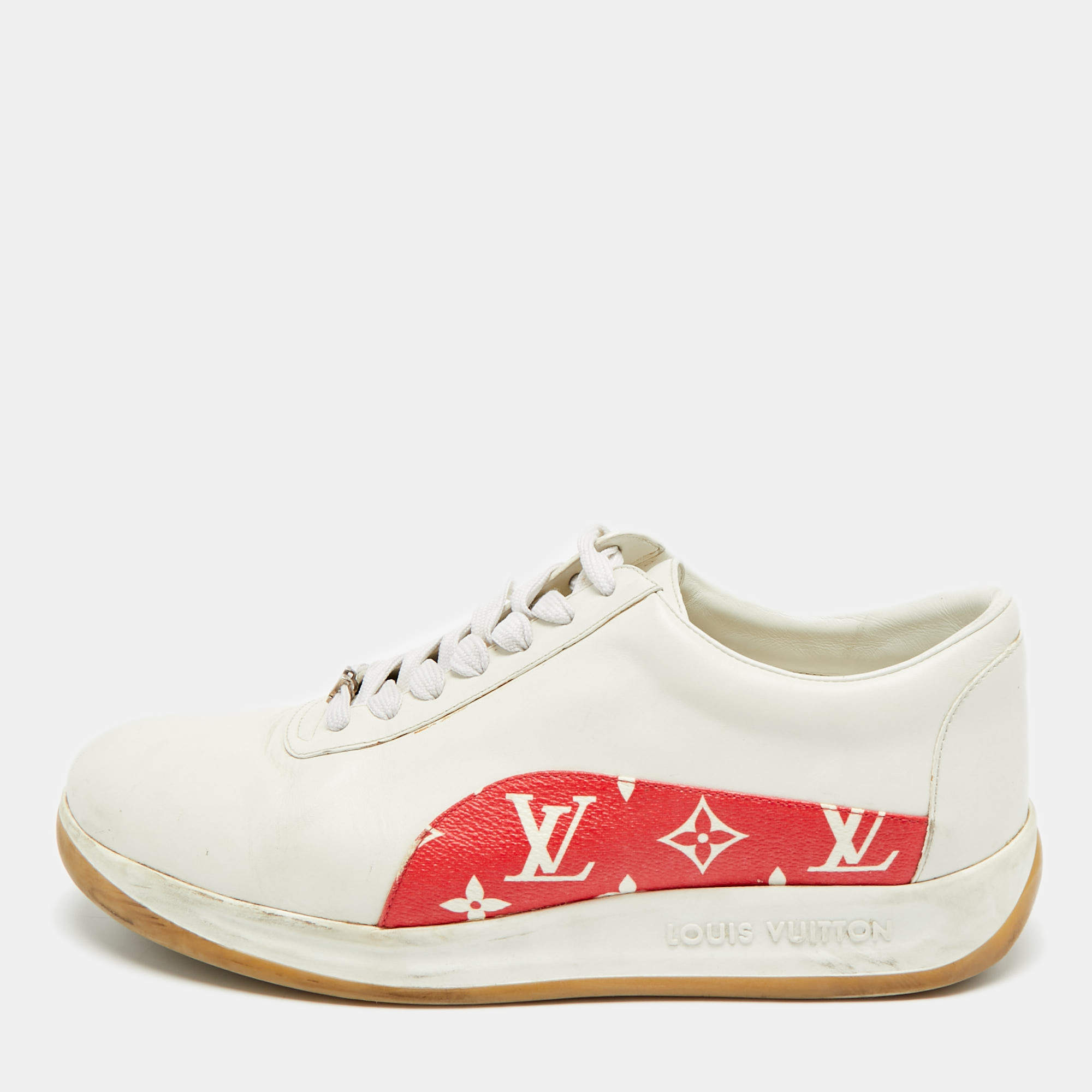 Pre Owned Louis Vuitton x Supreme Size 42 White/Red Monogram Canvas and Leather Lace Up Sneakers