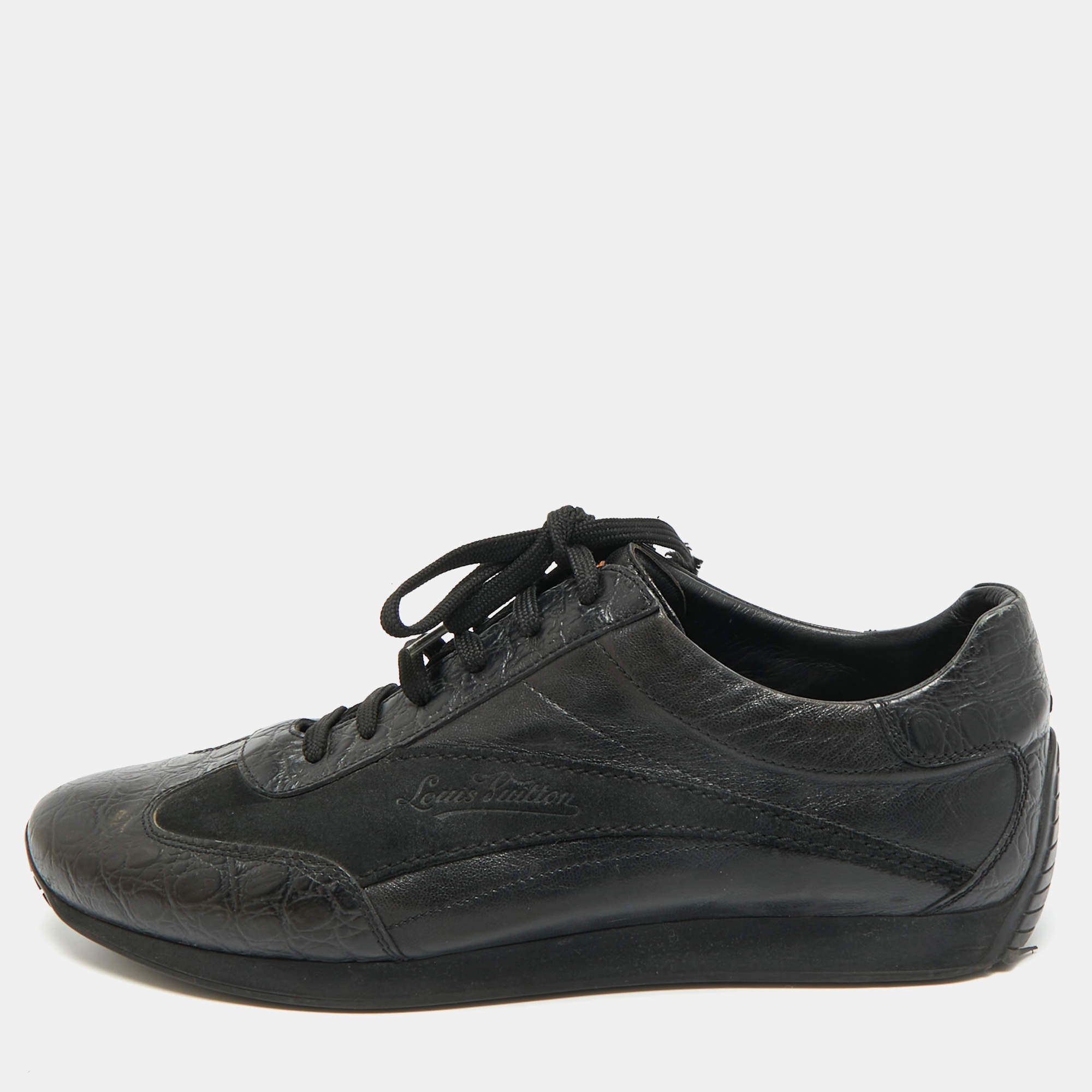 مملوكة مسبقًا Louis Vuitton Size 41.5 Black Croc Embossed Leather and Suede Lace Up Sneakers