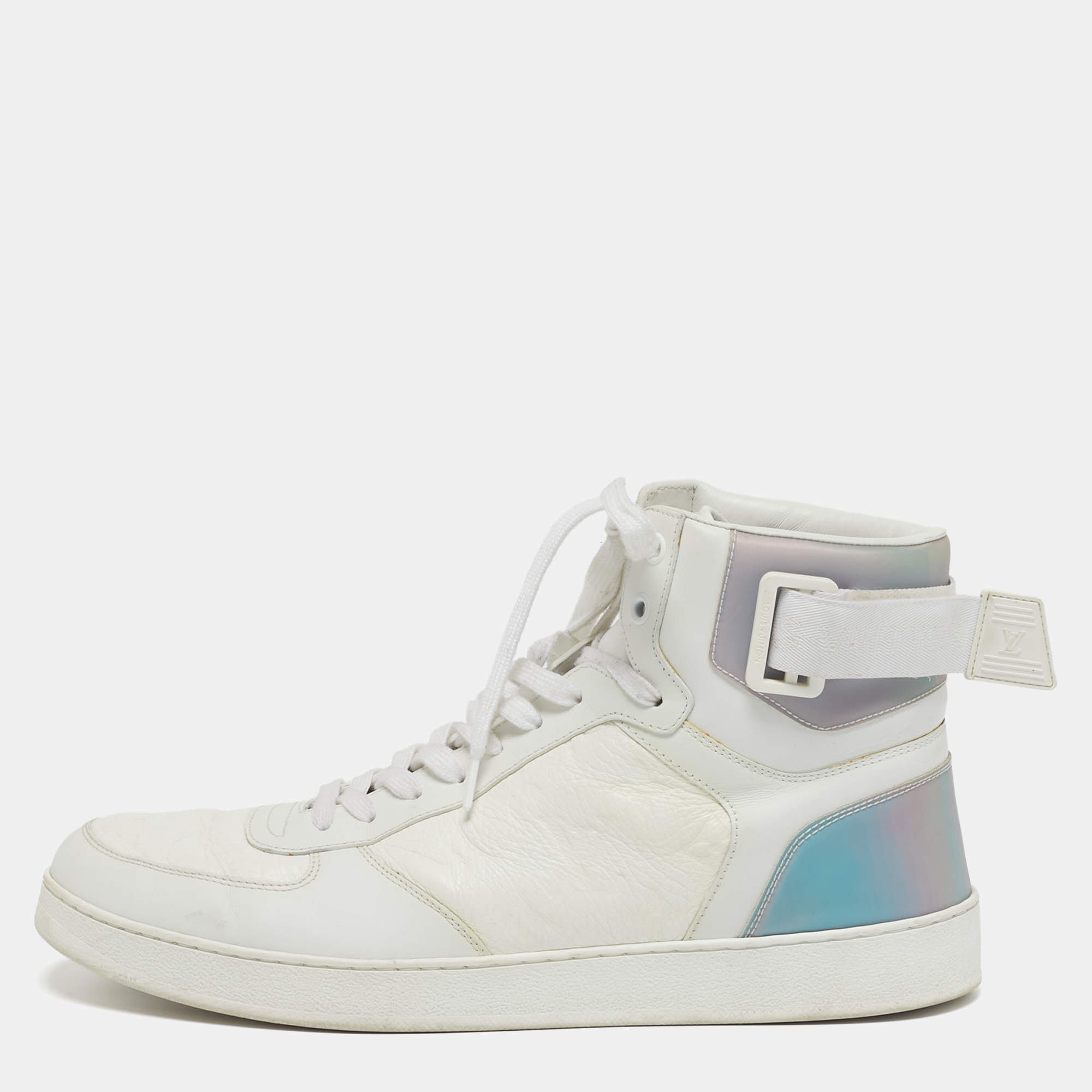 مملوكة مسبقًا Louis Vuitton Rivoli Size 42.5 White Iridescent and Leather High Top Sneakers
