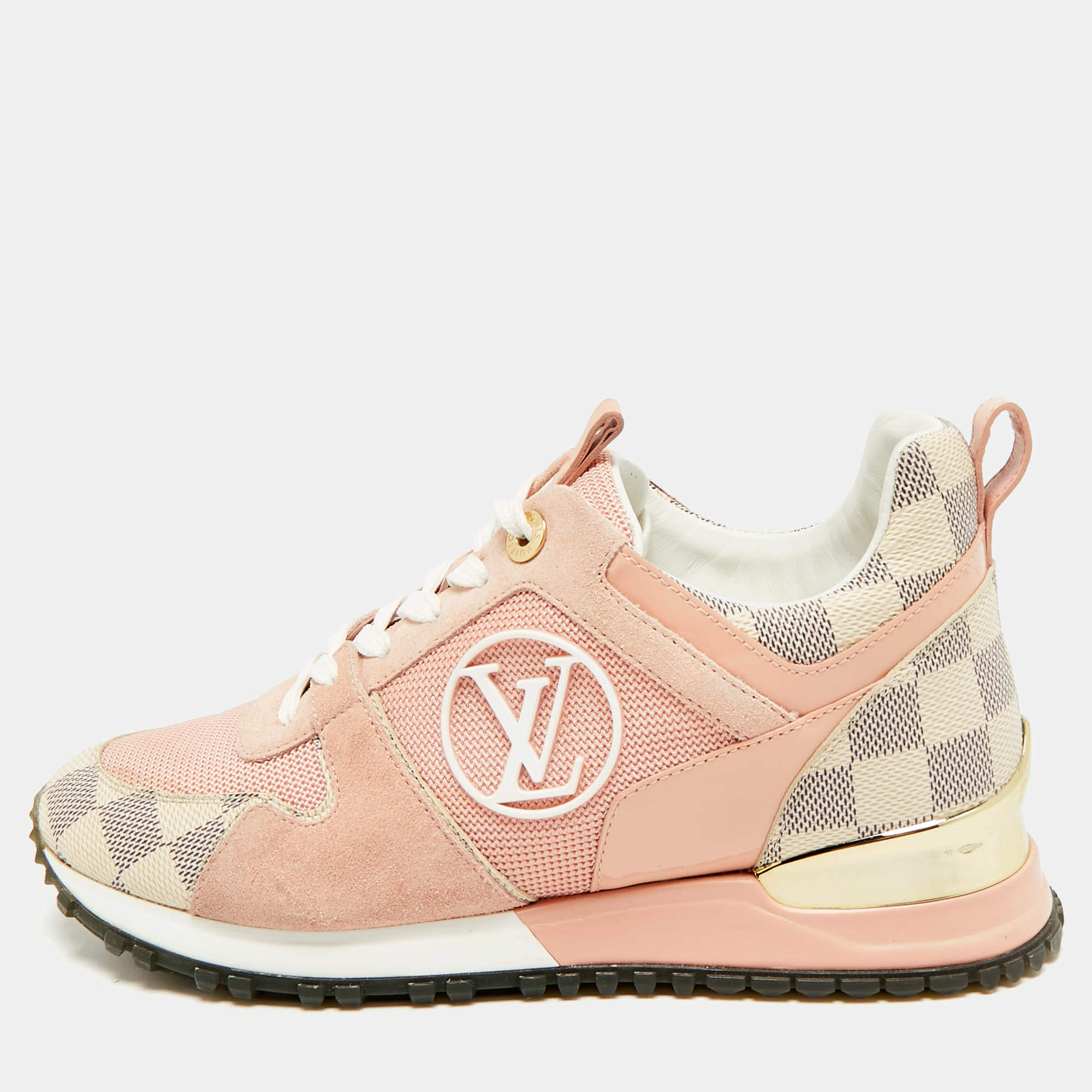 Pre Owned Louis Vuitton Run Away Size 35.5 Pink Canvas, Mesh and Suede Low Top Sneakers