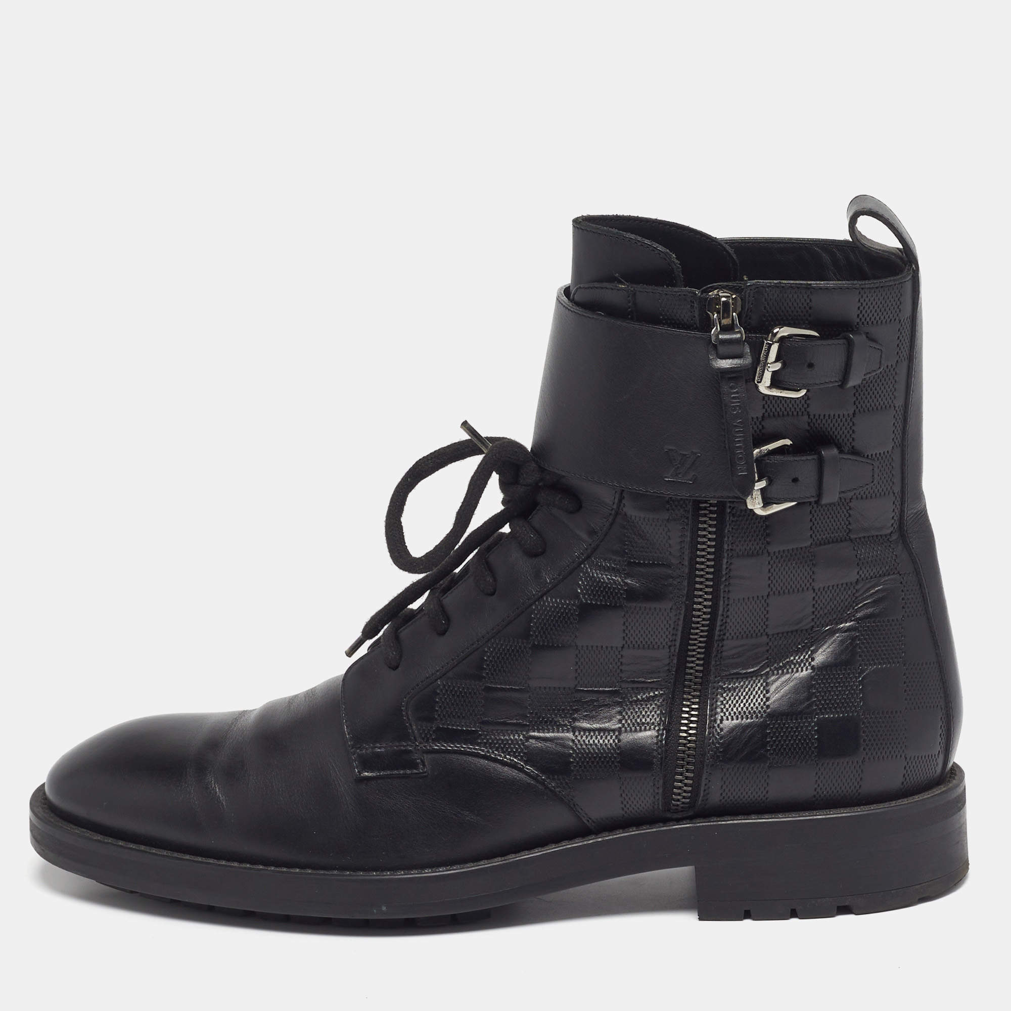 Pre Owned Louis Vuitton Voltaire Size 42.5 Black Damier Leather Combat Boots