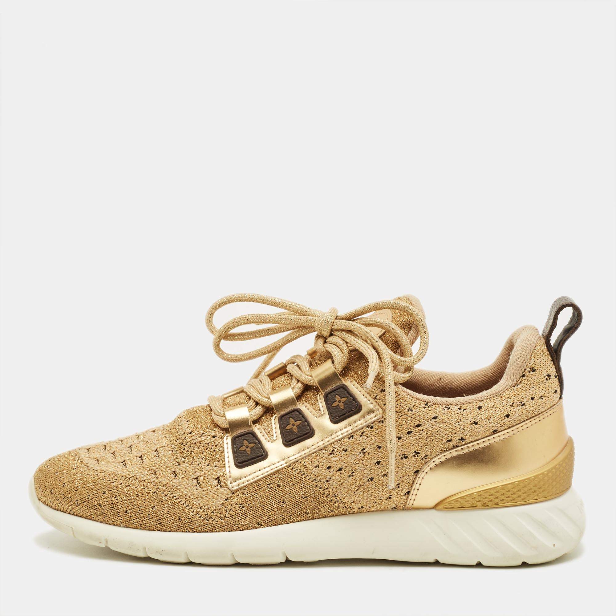Pre Owned Louis Vuitton Aftergame Size 40 Gold Leather and Lurex Fabric Lace Up Sneakers