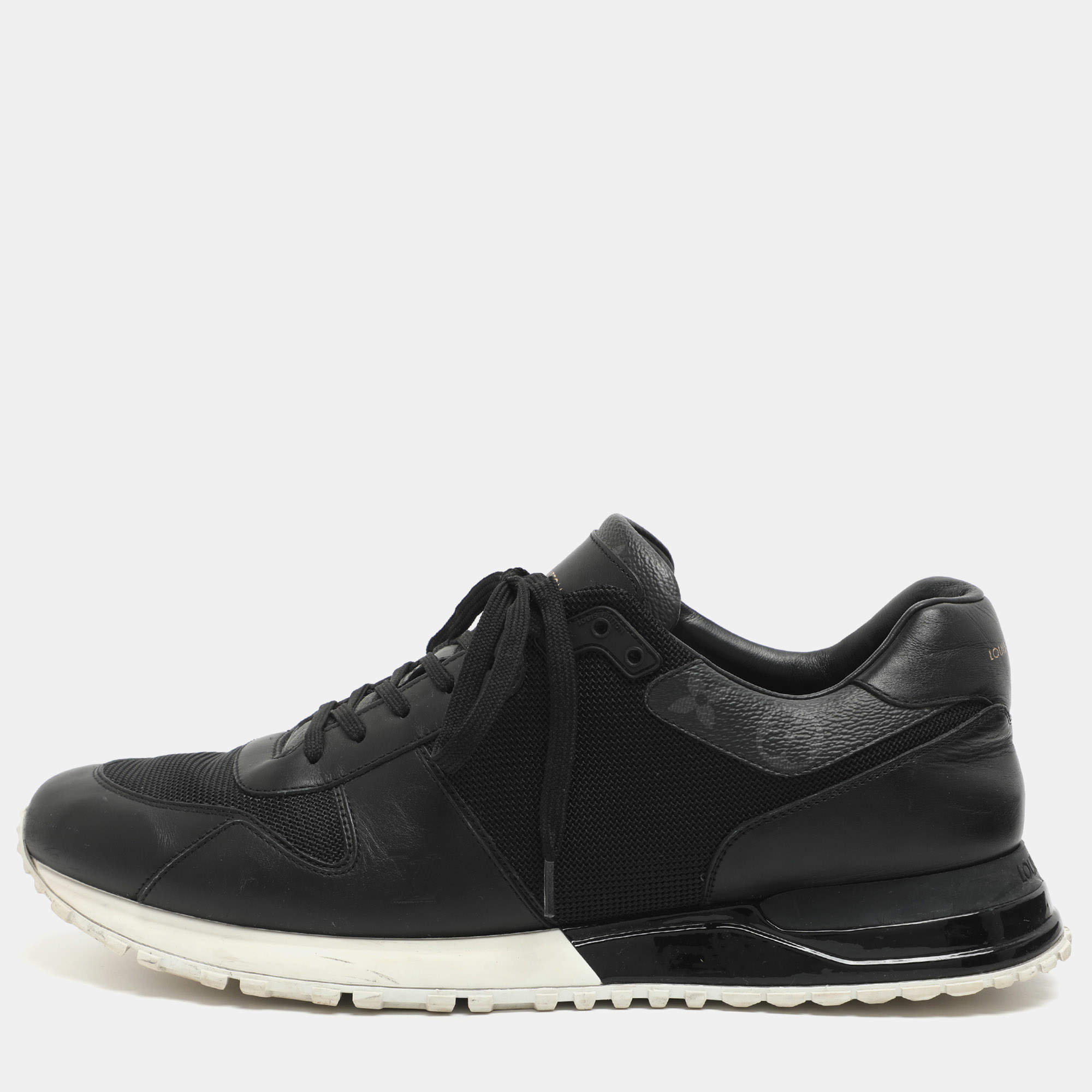 Pre Owned Louis Vuitton Run Away Size 44 Black Leather and Mesh Low Top Sneakers