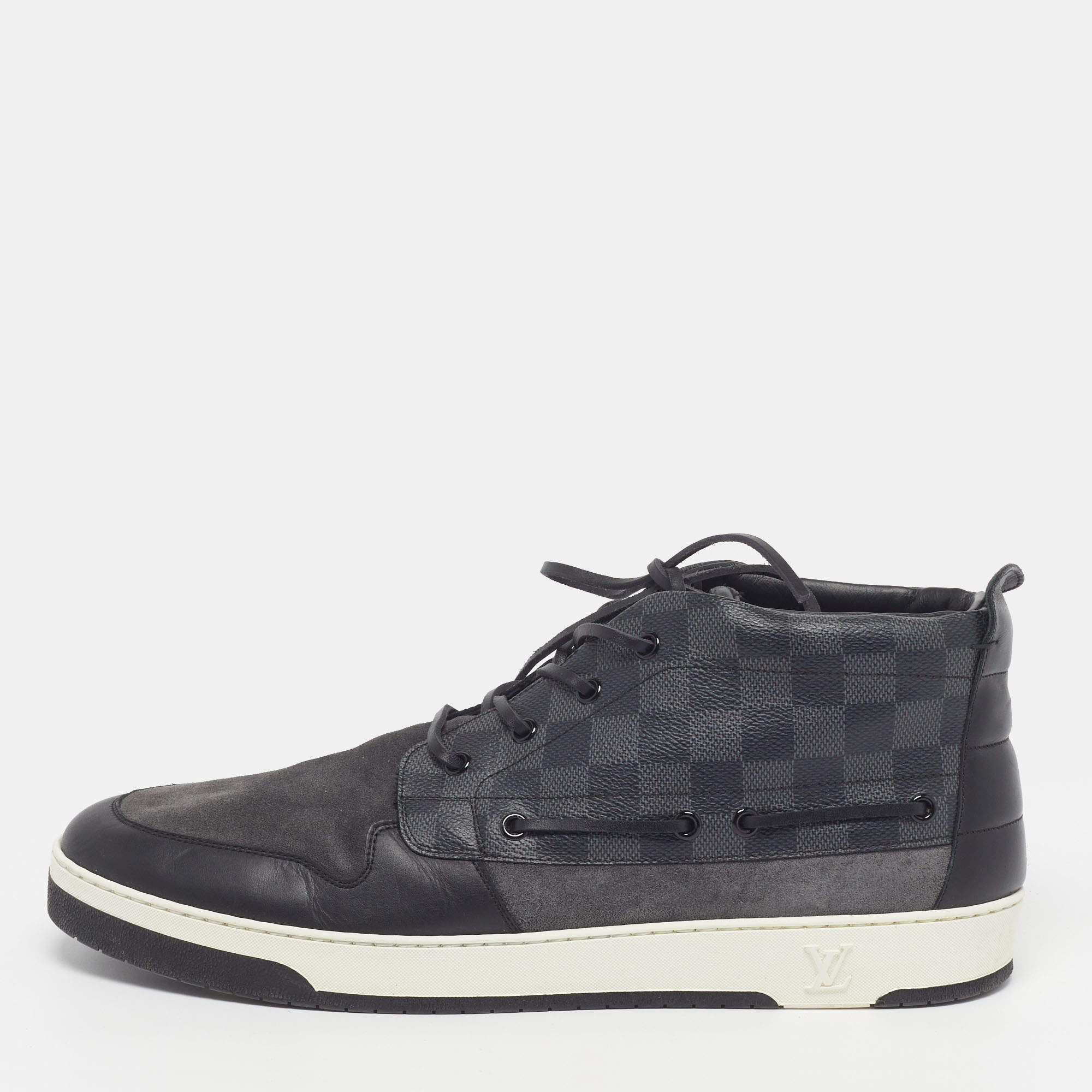 Pre Owned Louis Vuitton Propeller Size 46 Grey/Black Damier Canvas, Leather and Suede High Top Sneakers