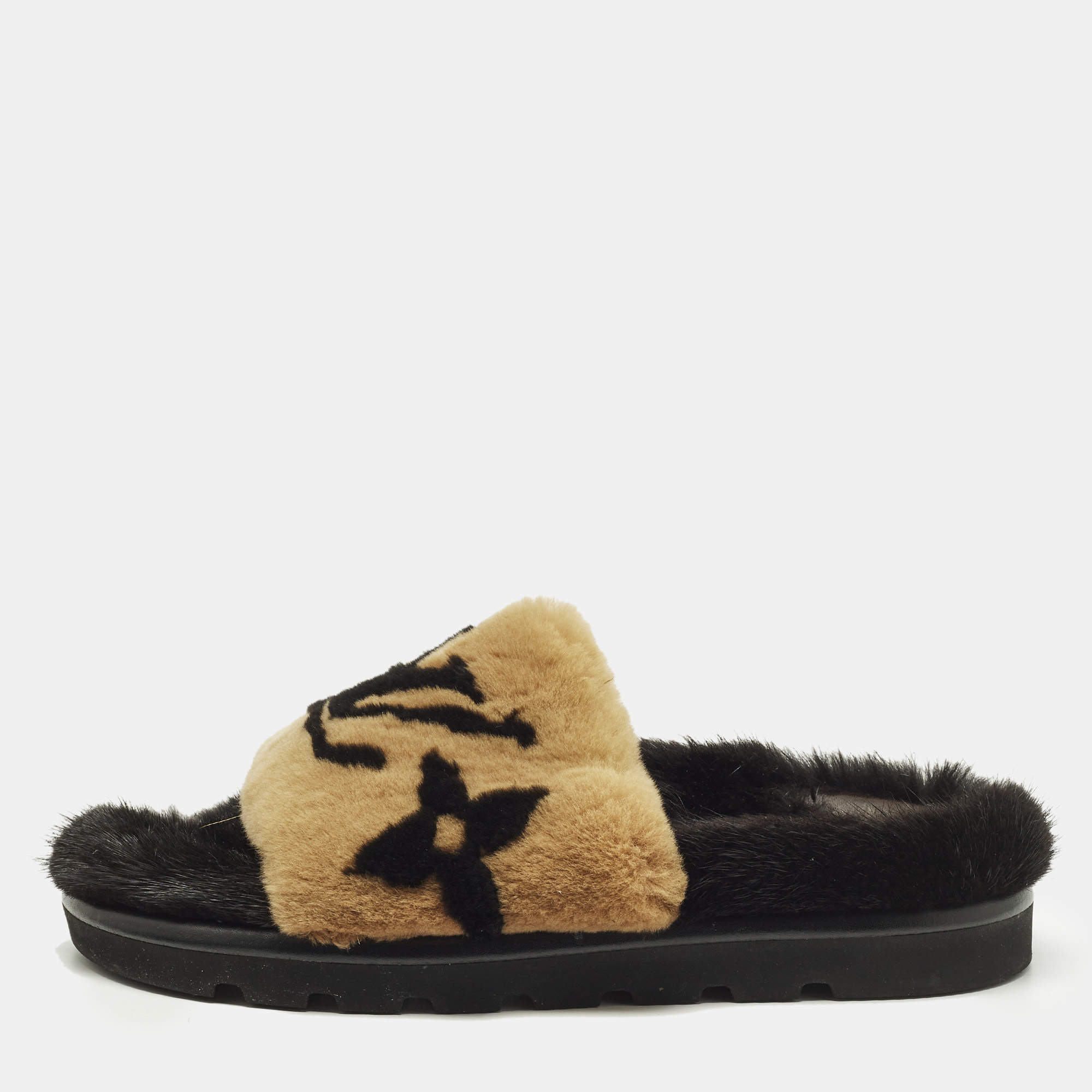 Pre Owned Louis Vuitton Pool Pillow Size 40 Brown Mink Fur Slide Sandals