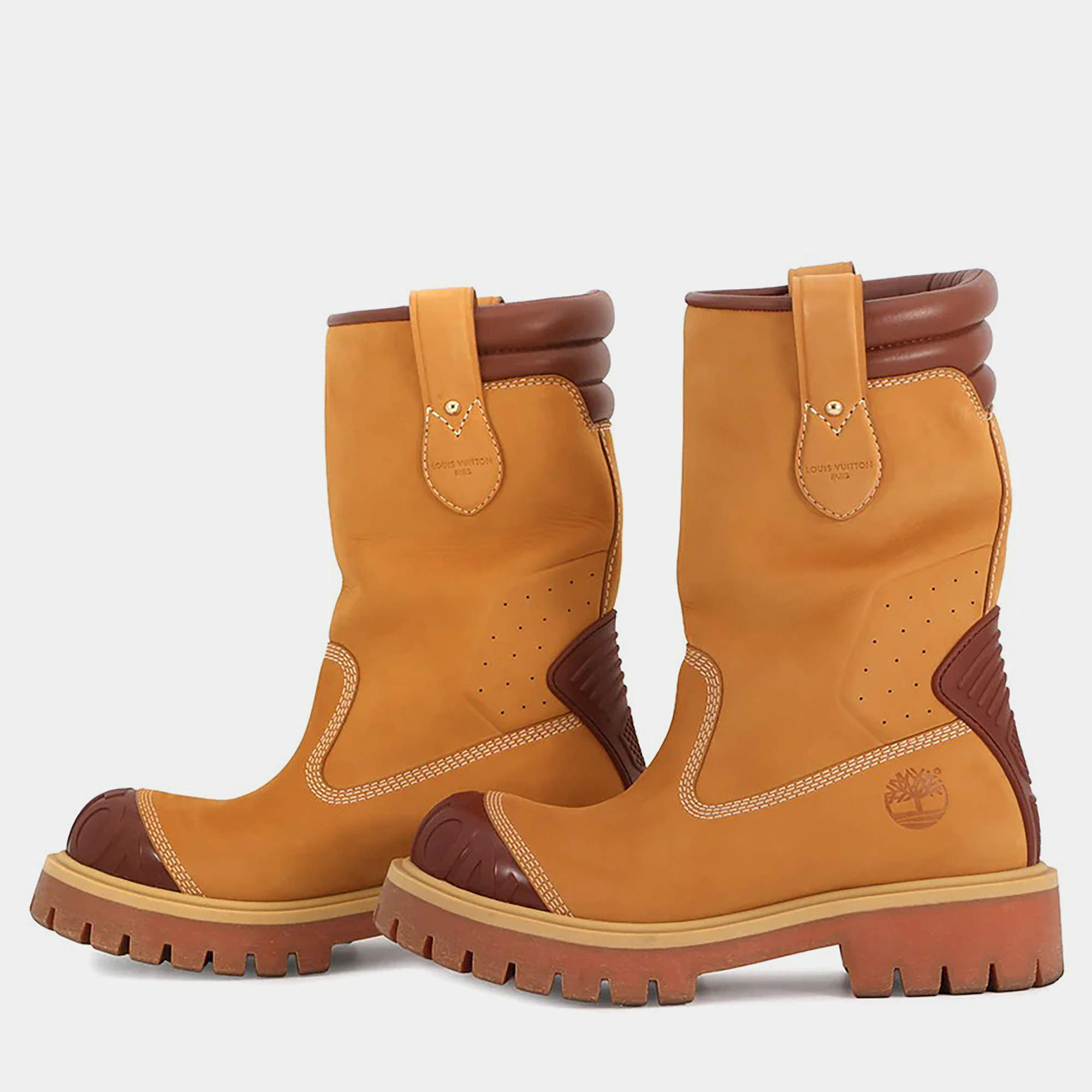 Pre Owned Louis Vuitton Timberland Lv X Timberland Collaboration Mid Boots Beige/Brown Nubuck Leather EU 42.5