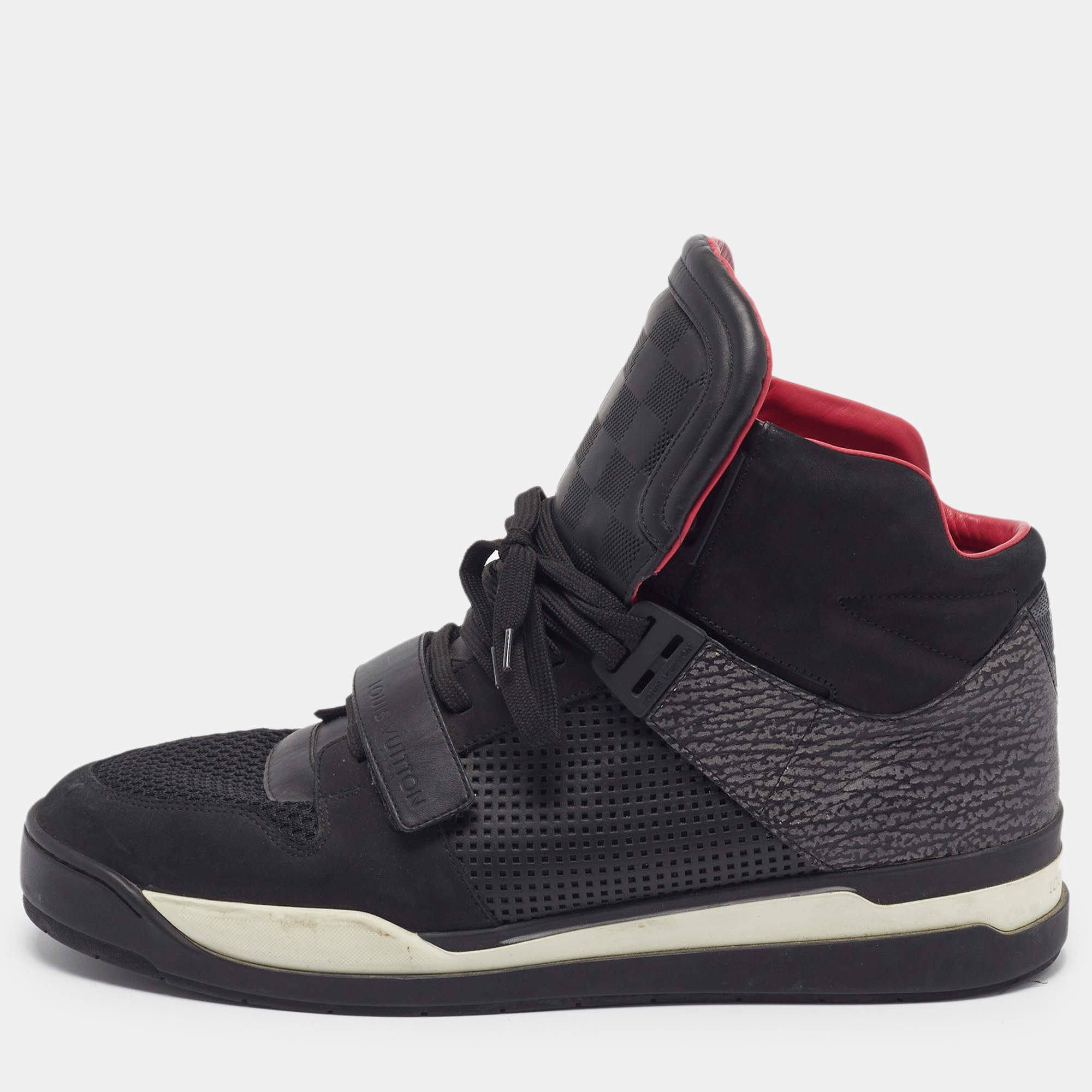 Pre Owned Louis Vuitton Trailblazer Size 45.5 Black Mesh and Nubuck Leather High Top Sneakers