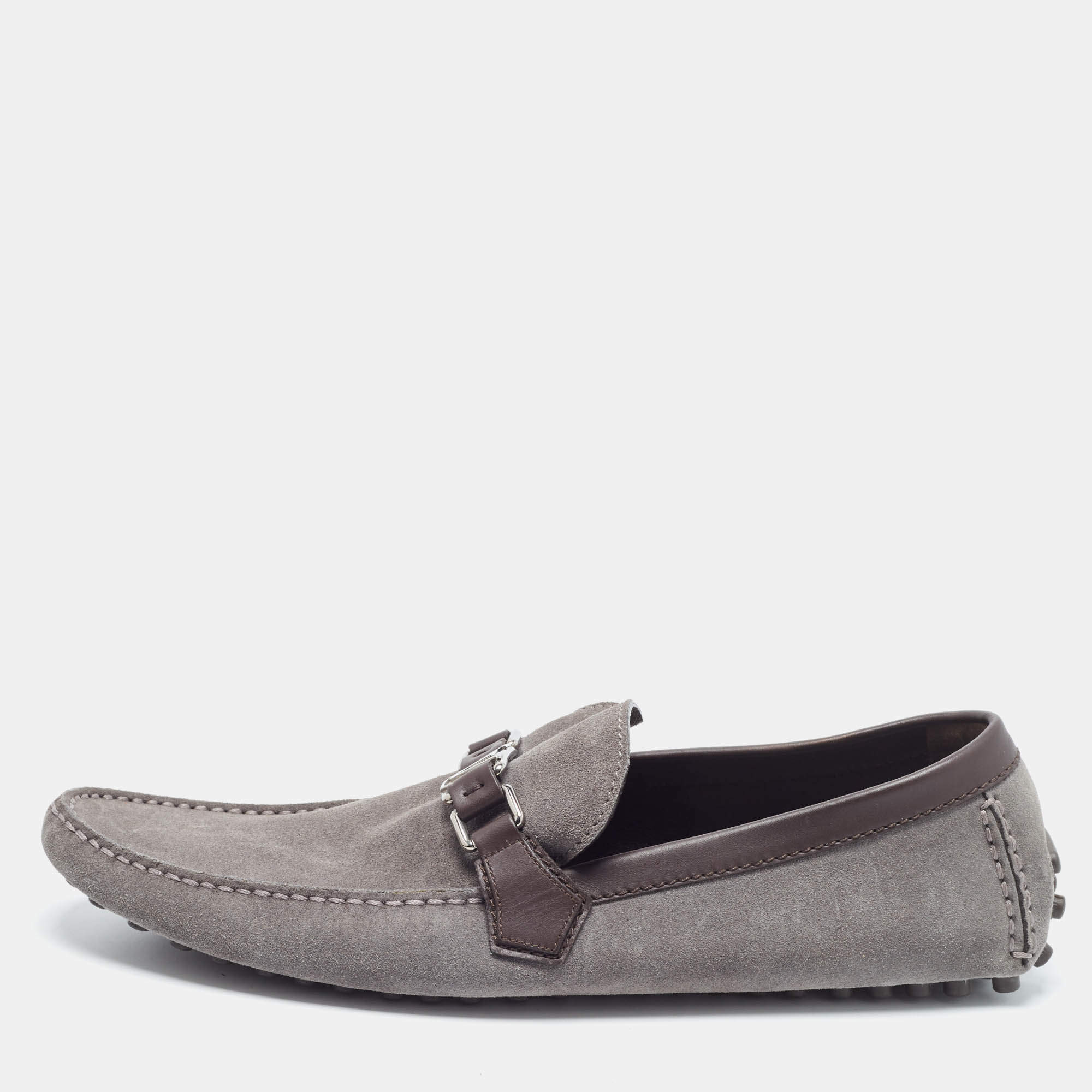 Pre Owned Louis Vuitton Hockenheim Size 46 Grey/Brown Leather and Suede Driver Loafers