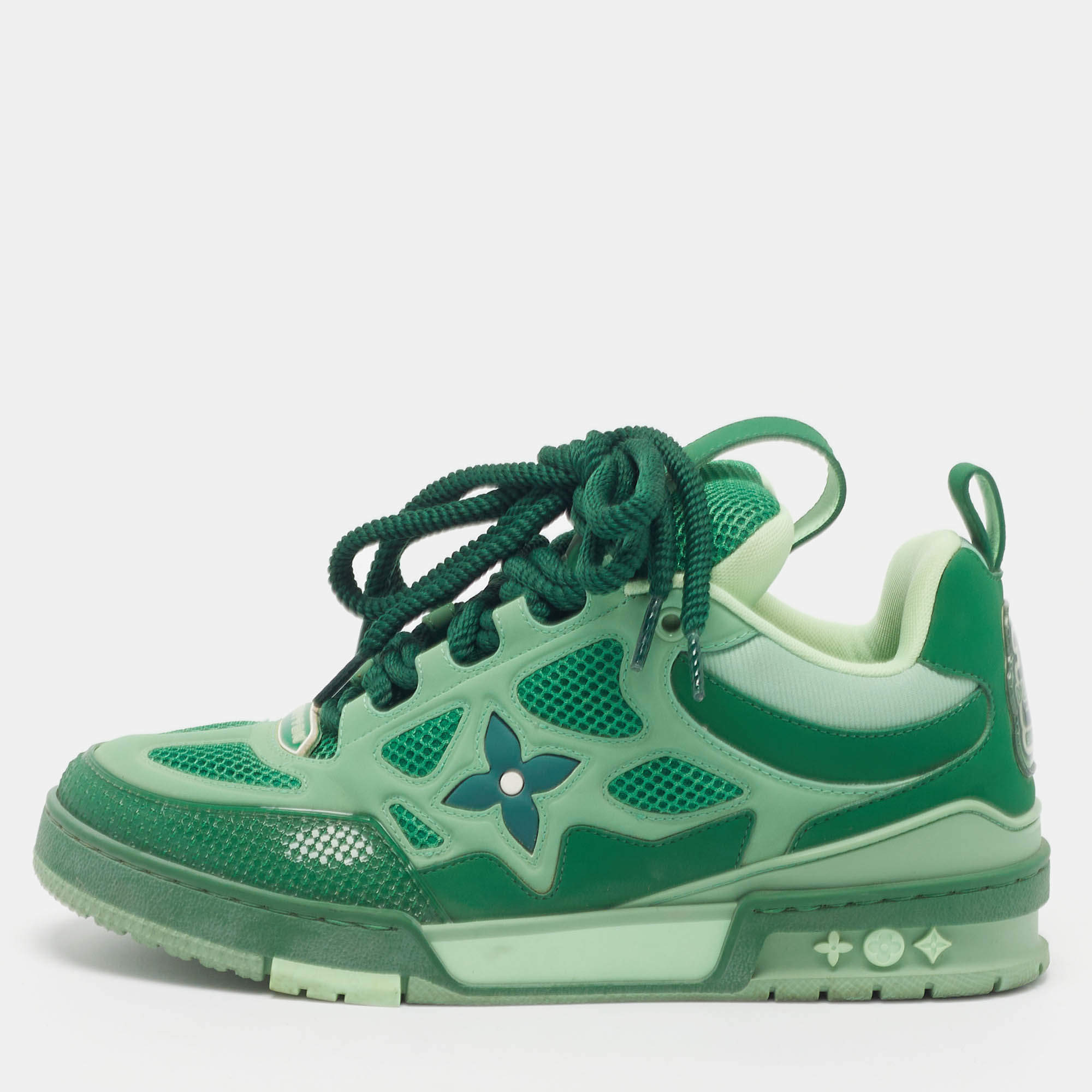 Pre Owned Louis Vuitton LV Skate Size 40 Green Mesh and Leather Sneakers