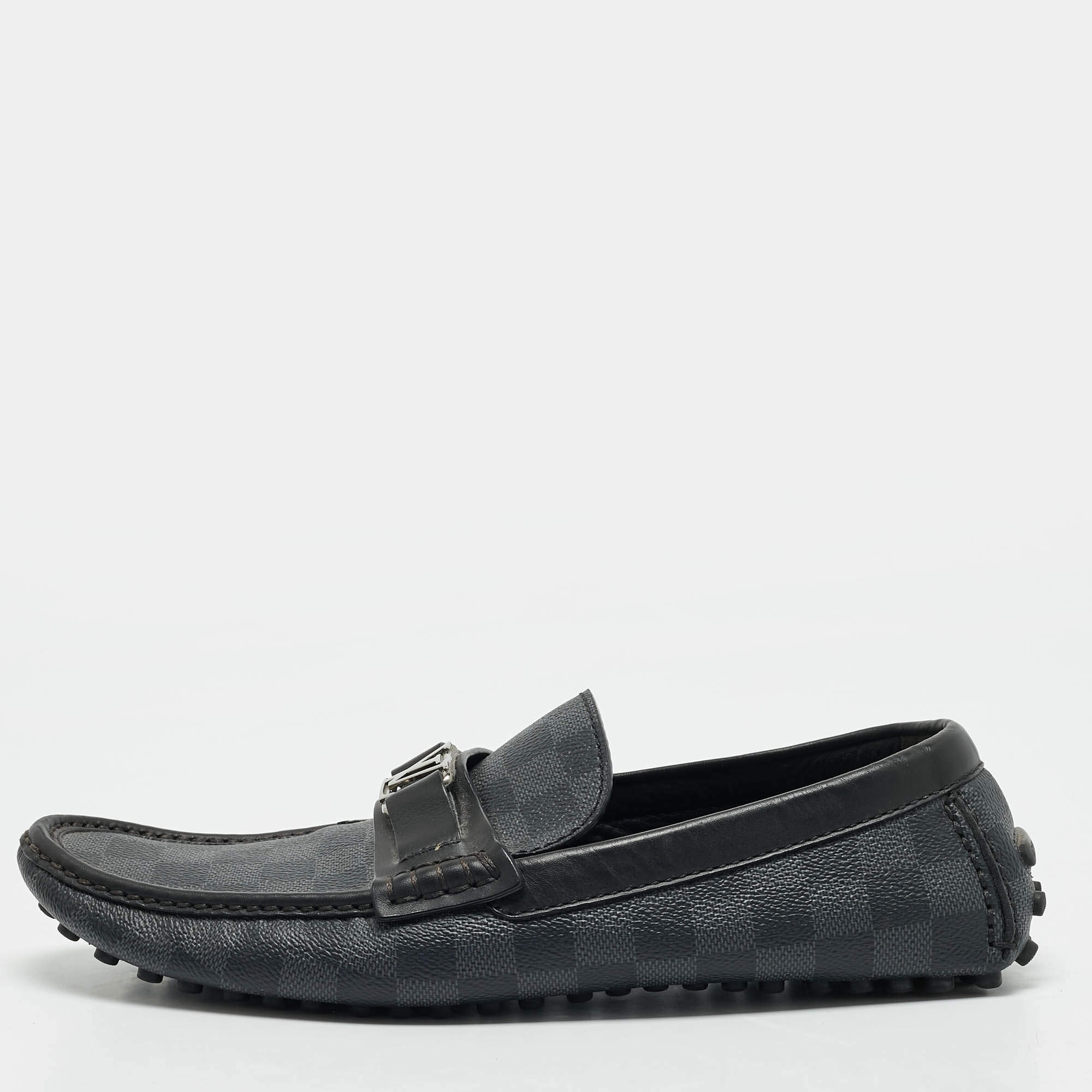 Pre Owned Louis Vuitton Hockenheim Size 43.5 Black/Grey Damier Coated Canvas and Leather Driver Loafers