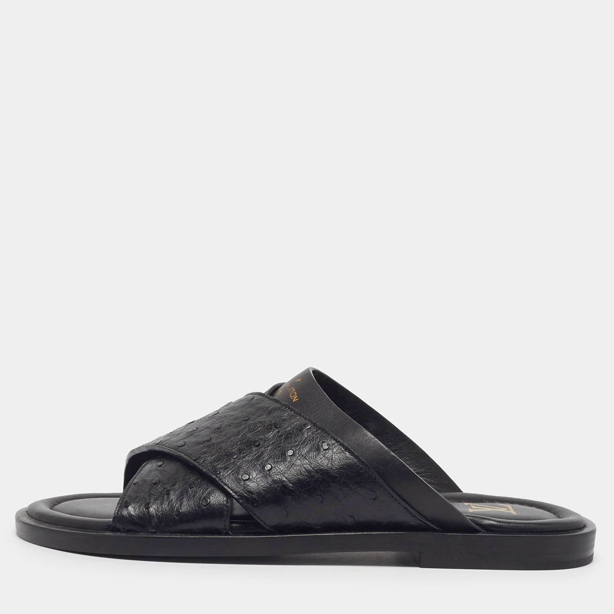 Pre Owned Louis Vuitton Foch Size 40 Black Ostrich Leather Criss Cross  Flat Slide