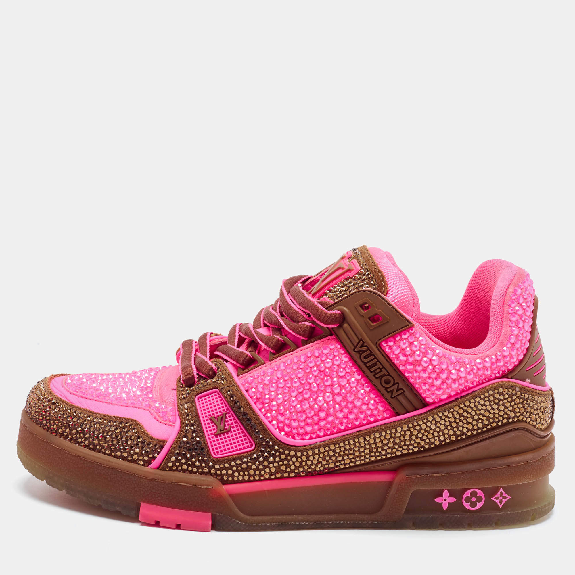Pre Owned Louis Vuitton LV Trainer Size 38 Brown/Pink Leather and Suede Low Top Sneakers