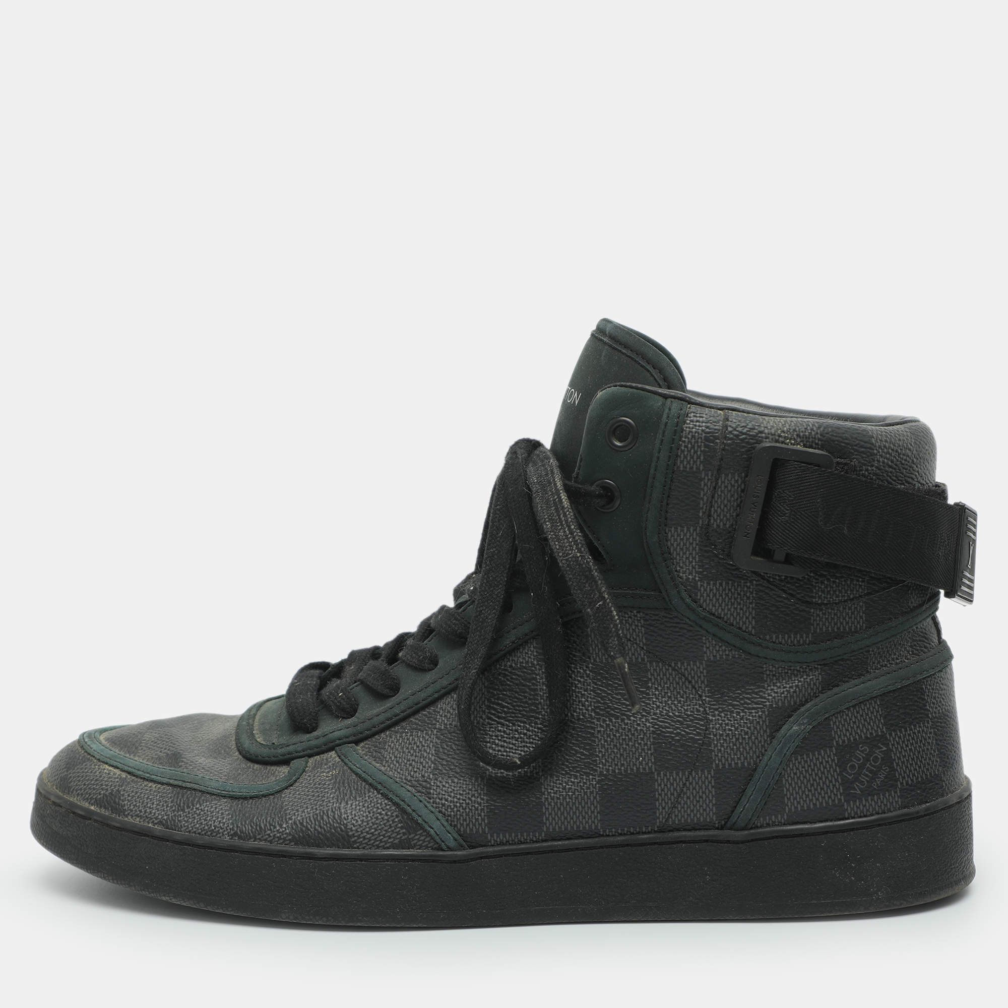 Pre Owned Louis Vuitton Rivoli Size 42.5 Grey/Black Damier Canvas and Leather High Top Sneakers
