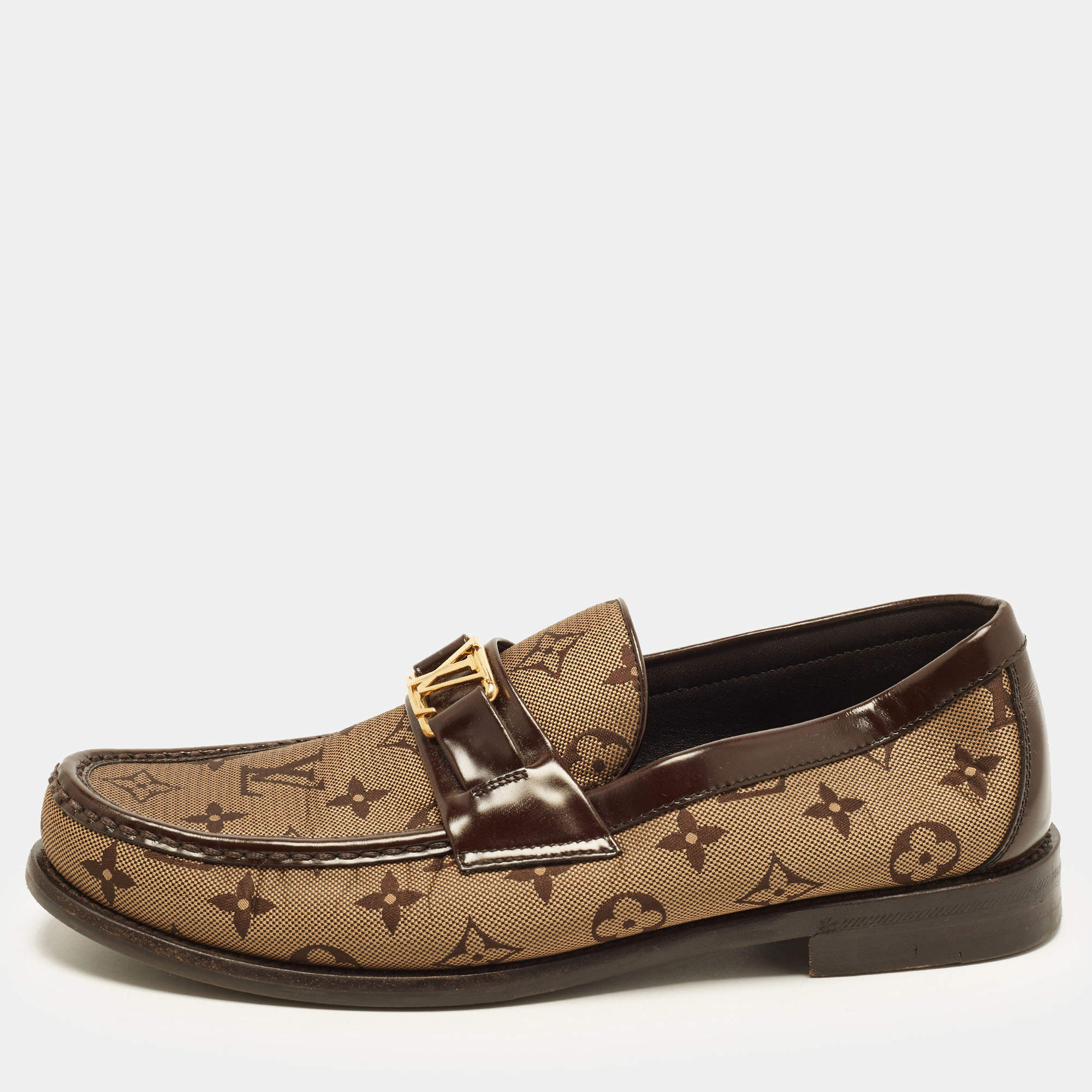 Pre Owned Louis Vuitton Major Size 42 Brown Monogram Canvas and Patent Leather Penny Loafers