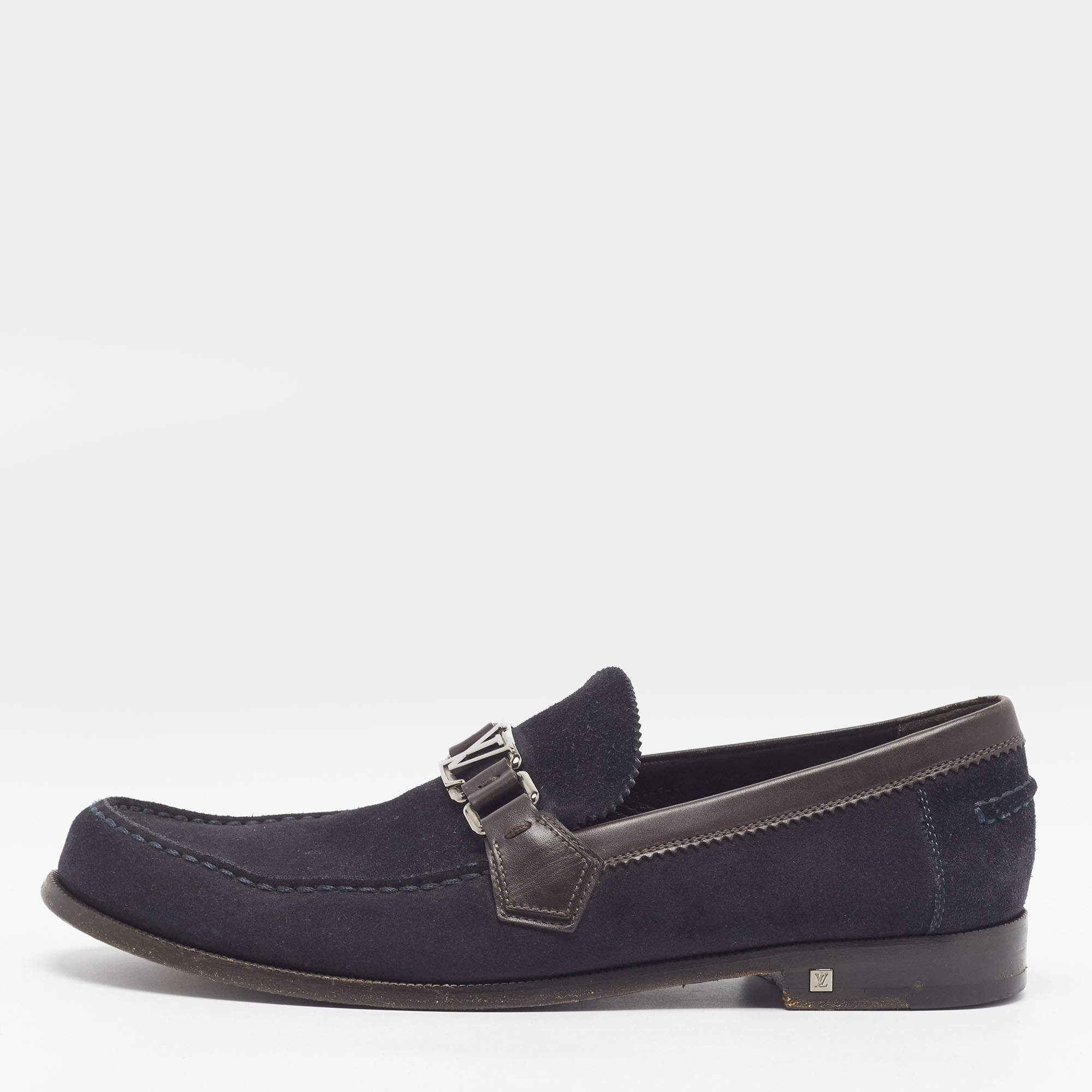 Pre Owned Louis Vuitton Driver Size 42.5 Blue/Brown Leather and Suede Loafers