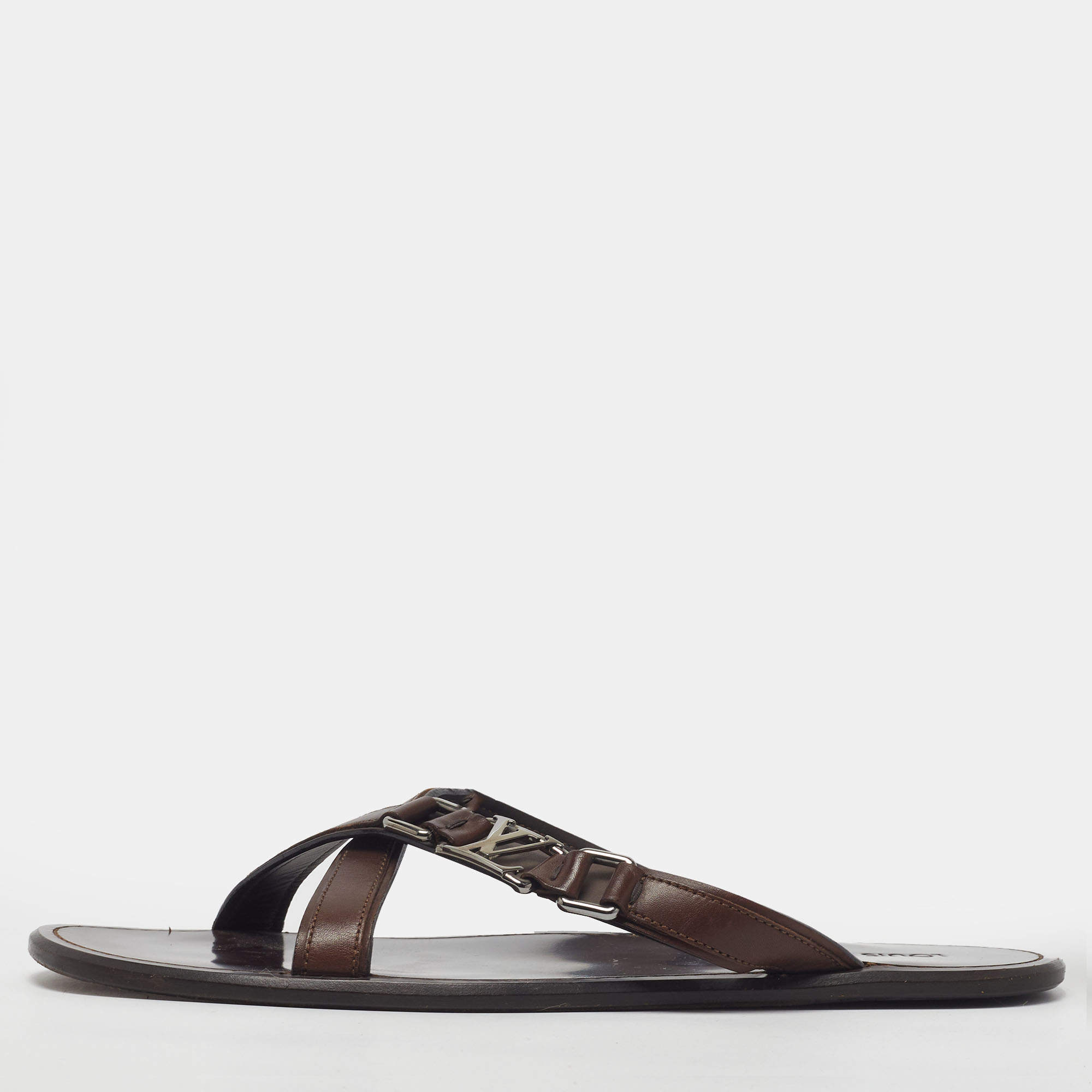 مملوكة مسبقًا Louis Vuitton Size 43 Brown Leather Logo Cross Strap Flat Slides