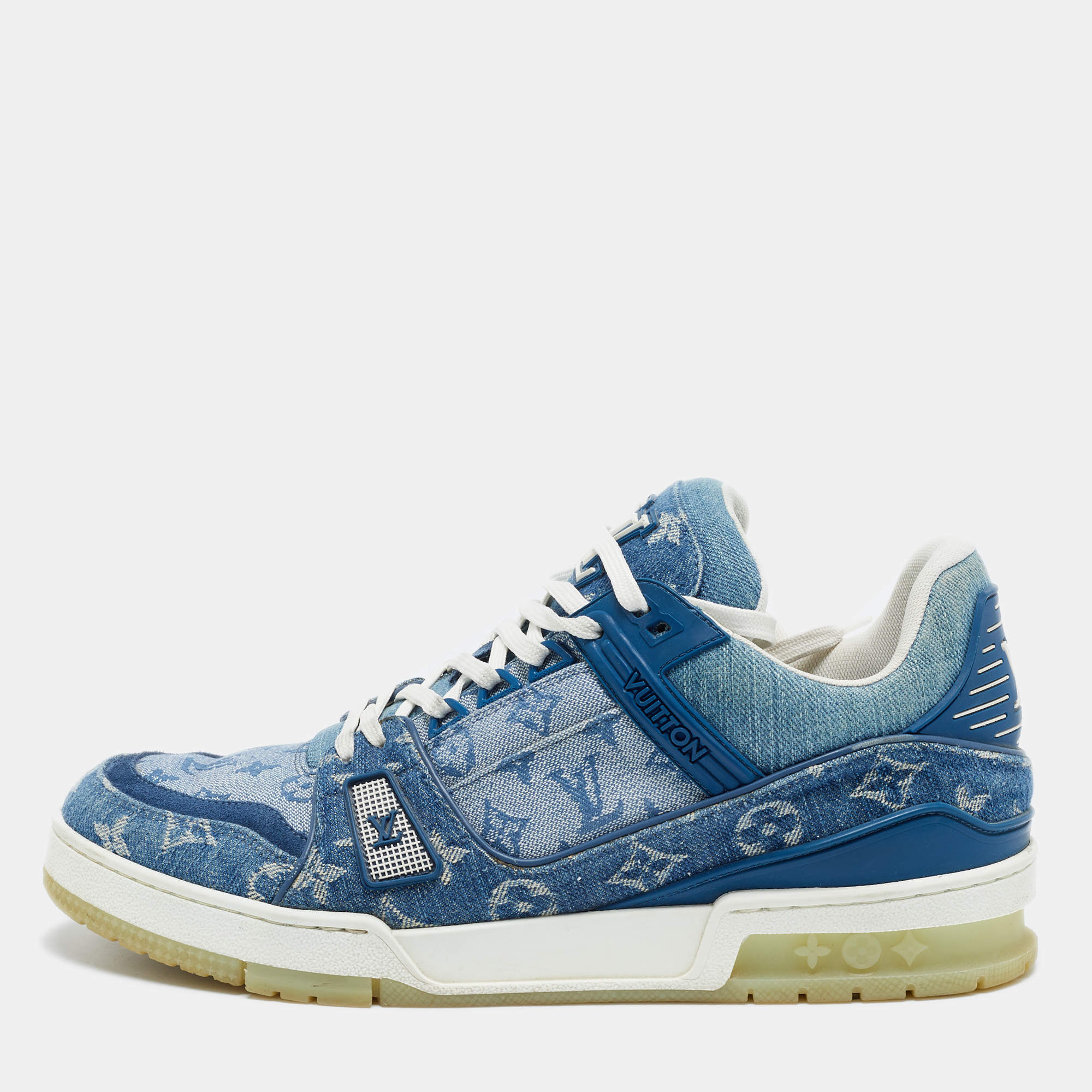 Pre Owned Louis Vuitton LV Trainer Size 42 Blue Monogram Denim Lace Up Sneakers