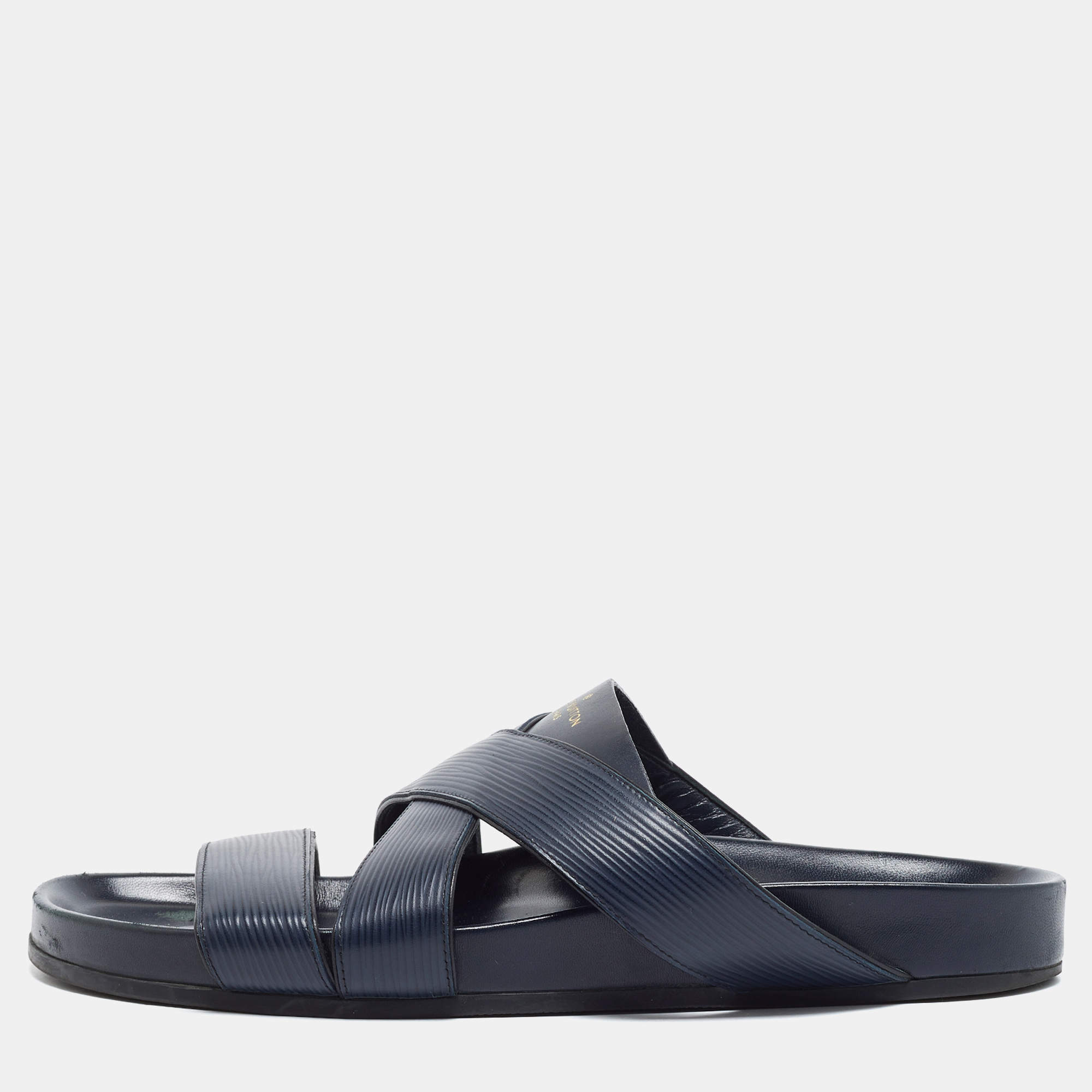 Pre Owned Louis Vuitton Mirabeau Size 42.5 Navy Blue Epi Leather Flat Slide
