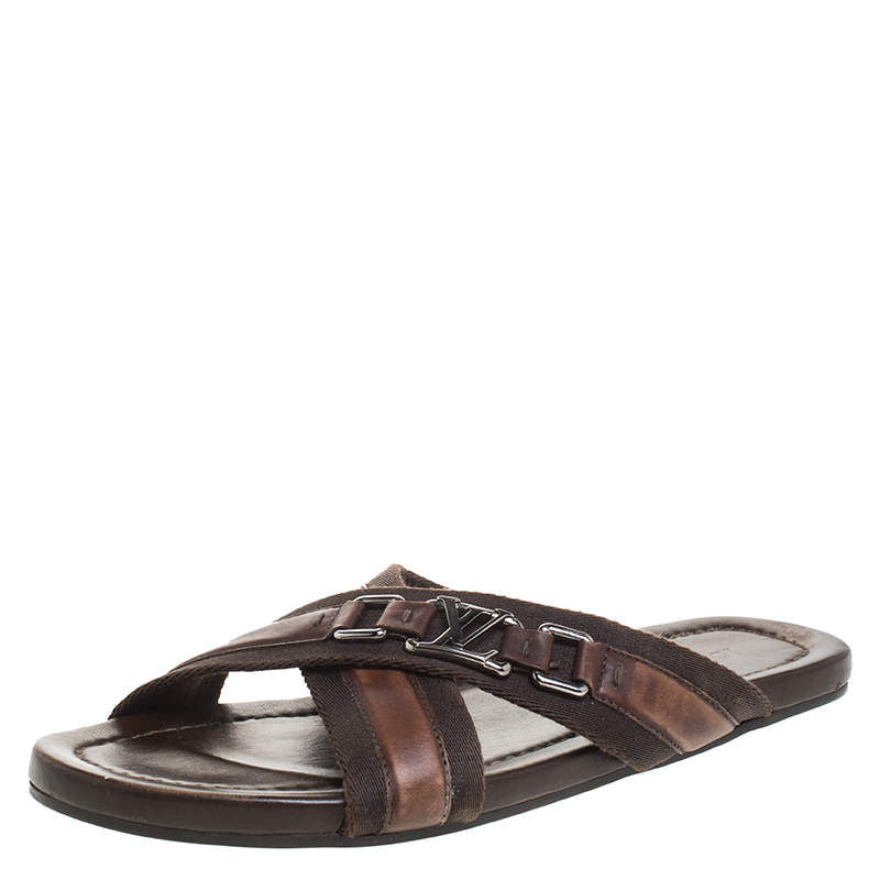 Louis Vuitton Brown Leather and Fabric Criss-Cross Sandals Size 41