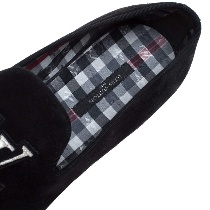 Louis Vuitton Black Suede LV Logo Embroidered Smoking Slippers Size 43 Louis  Vuitton