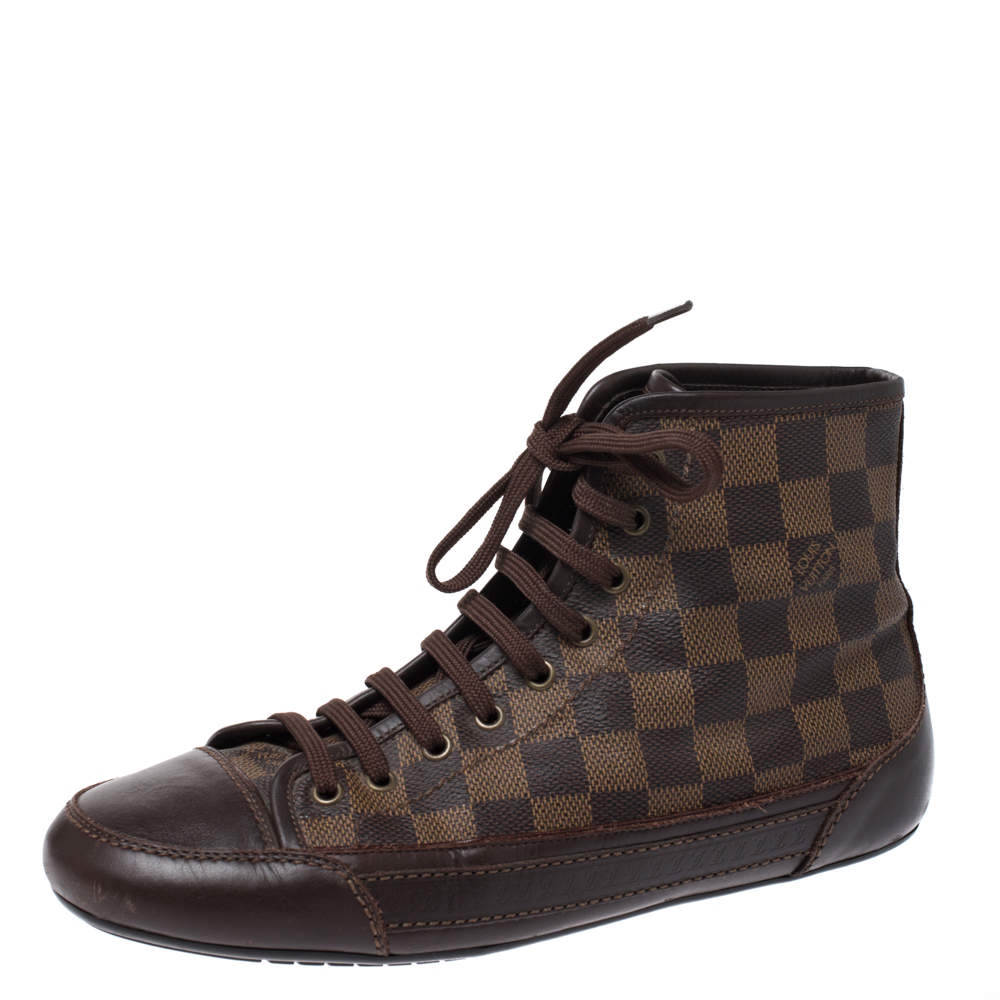 Louis Vuitton Damier Ebene Canvas And Brown Leather Lace Up High Top Sneakers Size 40
