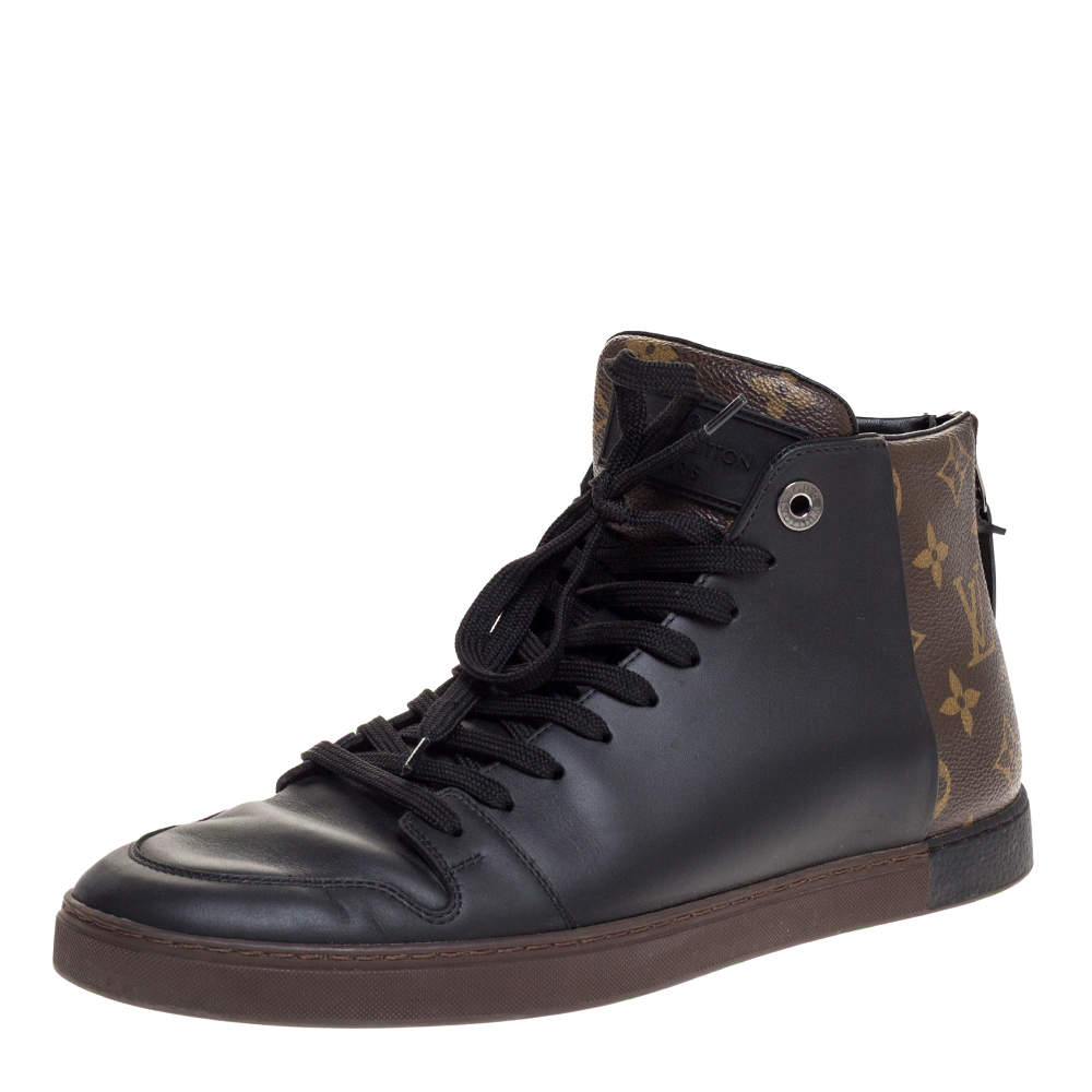 Louis Vuitton Black Leather And Monogram Canvas High Top Sneakers Size ...