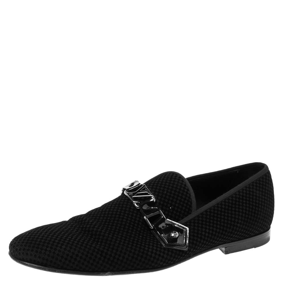 حذاء سموكينغ سليبرز لوي فيتون سويدي كاروهات أسود مقاس 44.5