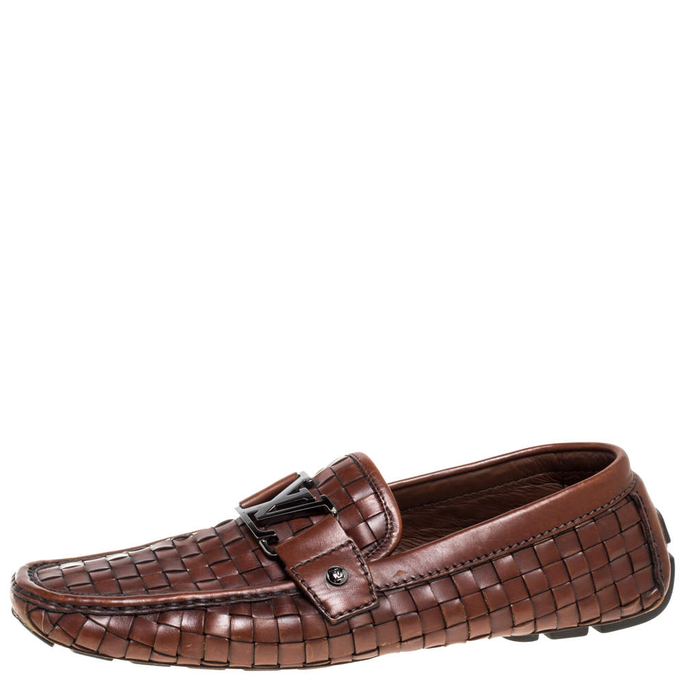 Pre Owned Louis Vuitton Brown Woven Leather Monte Carlo Slip On Loafers Size 43
