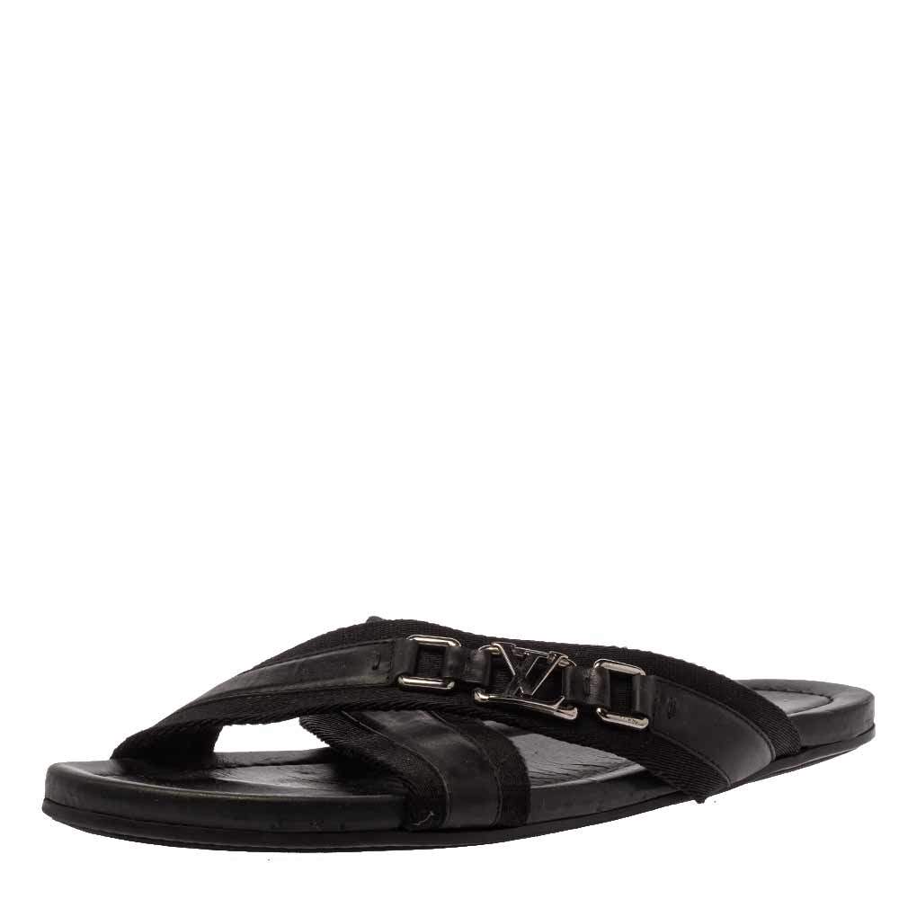 Louis Vuitton Black Leather And Canvas Criss-Cross Flat Sandals Size 46.5