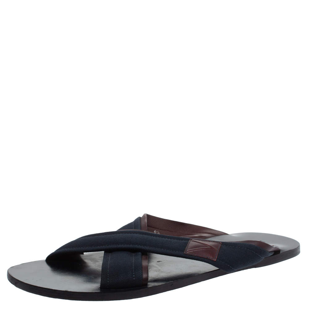 مملوكة مسبقًا صندل سلايد فلات لوي فيتون سيور متعاكسة كانفاس أزرق و حواف جلد بني مقاس 43.5