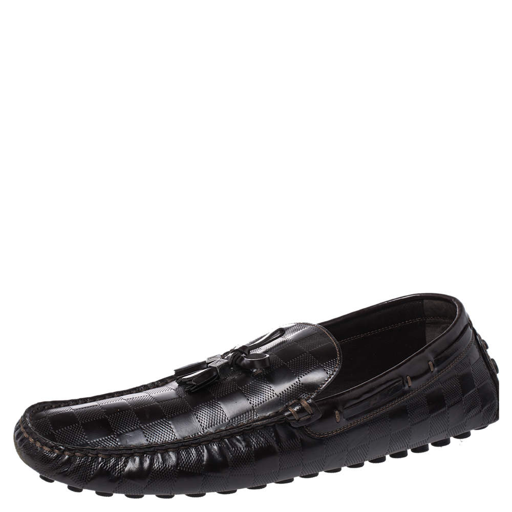 Pre Owned  حذاء لوفرز لوي فيتون دلاية شراشيب فيونكة جلد بارز دامييه بني مقاس 44.5