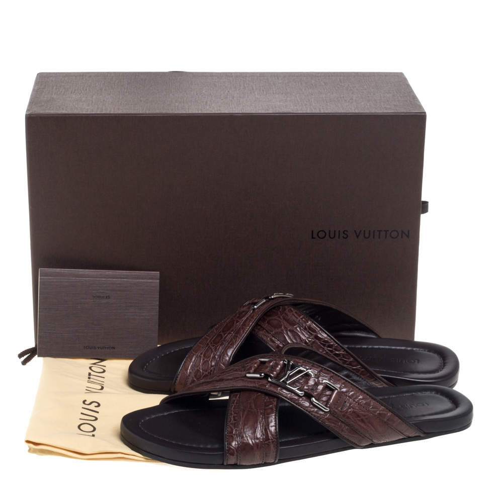 Louis Vuitton Brown Leather and Canvas Criss Cross Flat Slides Size 43 Louis  Vuitton