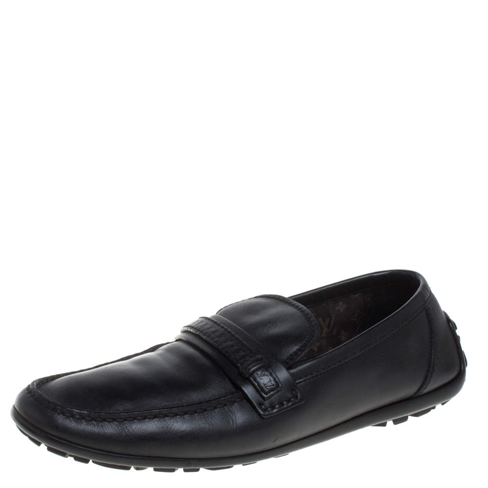 Pre Owned Louis Vuitton Black Leather Slip On Loafers Size 42.5