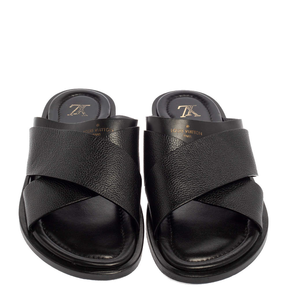Louis Vuitton Black Leather Lock It Flat Slides Size 38.5 For Sale at  1stDibs  louis vuitton sandals with lock, louis vuitton slides with lock, louis  vuitton slides women