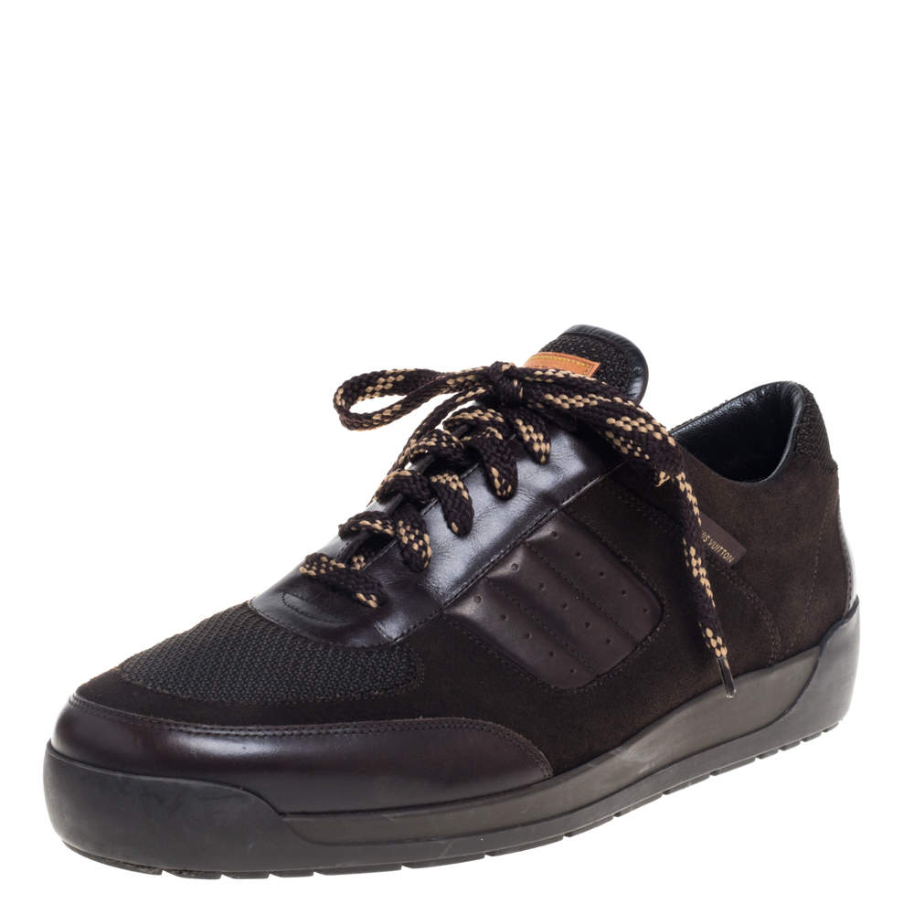 Pre Owned حذاء رياضي لوي فيتون سويدي وشبك وجلد بني داكن بعنق منخفض مقاس 43.5